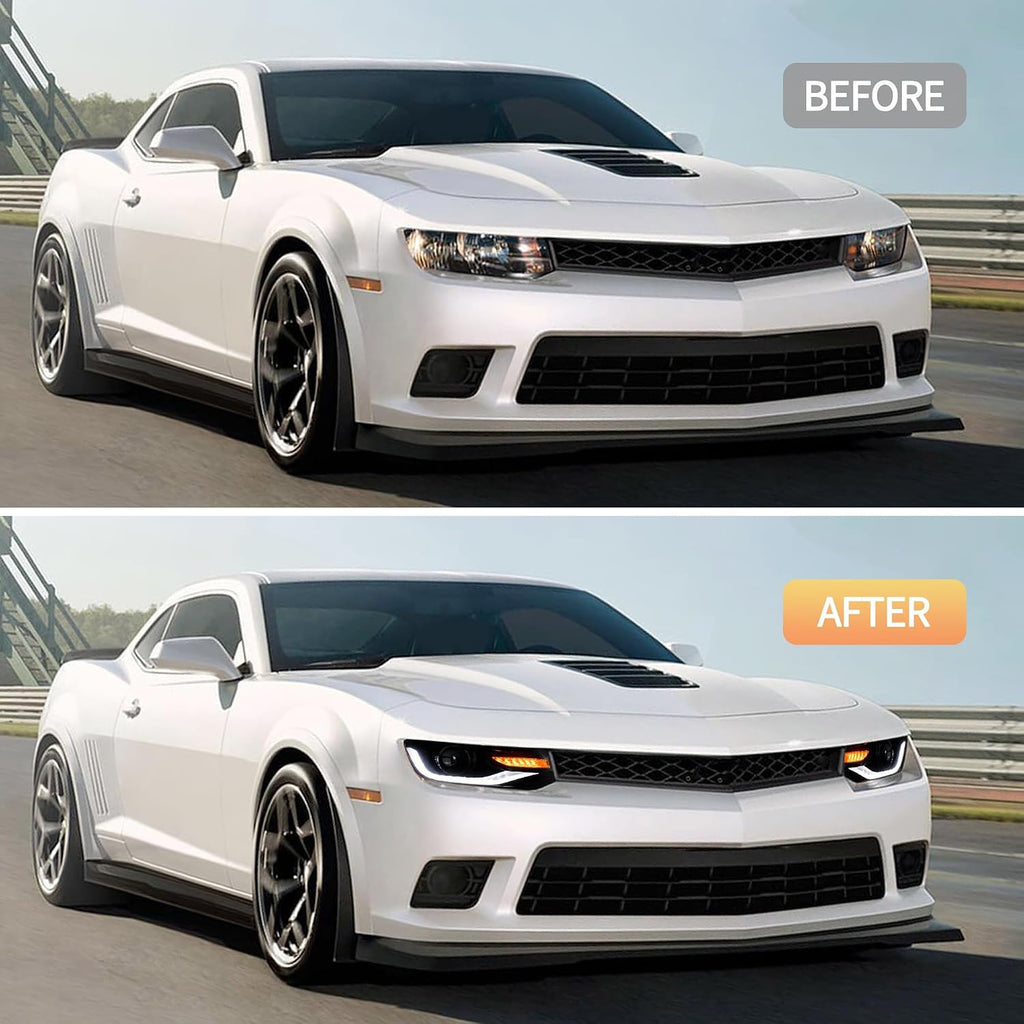 VLAND Headlights compatible with Chevrolet Chevy Camaro 5th Gen LS LT SS ZL1 Z/28 2014-2015, Headlamp Assembly with Sequential Turn Signal, 1 Pair not include bulbs (Regular+D2H Xenon Bulbs)