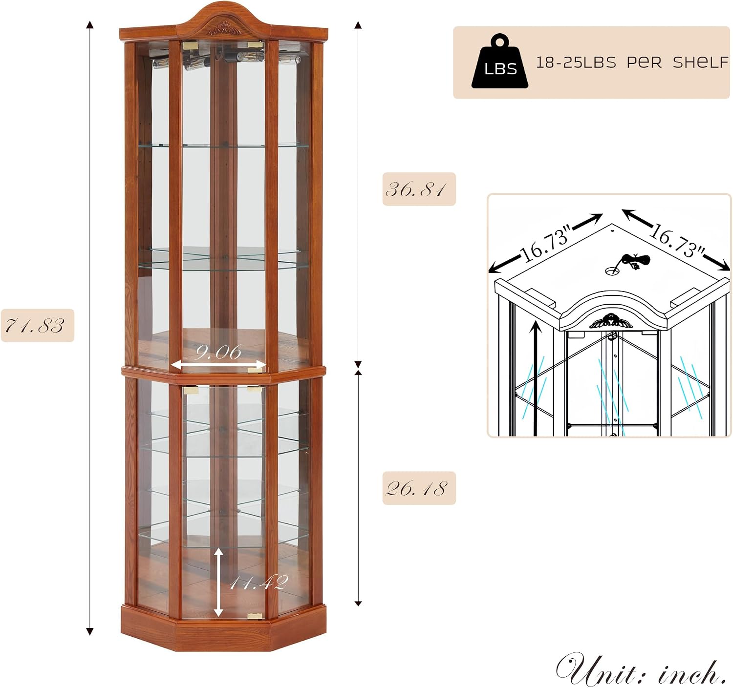 72' H Lighted Corner Curio Cabinet with Top Carvings, Tall Glass Display Case with 6 Adjustable Shelves, Freestanding Home Bar Cabinet for Liquor Storage (Oak)