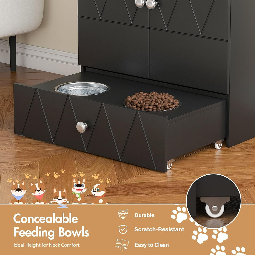 Pet Feeding Station with Storage, Raised Dog Bowls, Pet Feeder Cabinet, with Adjustable Shelves, Rolling Drawer, Hooks, for Feeding & Watering Supplies (Black)
