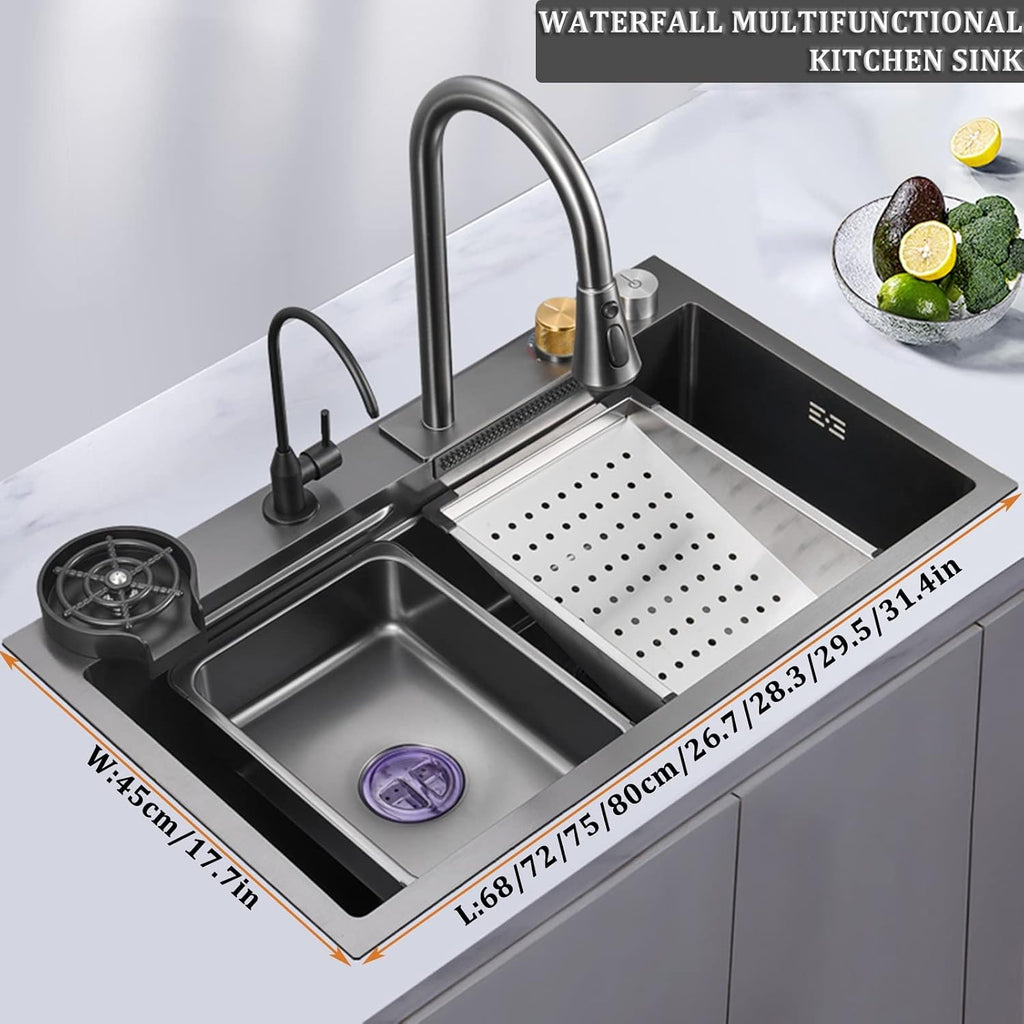 304 Stainless Steel Bar Sink Set Single Bowl Kitchen Sink Household Multi Function RV Sink with Faucet and Drain Assembly Drop in Or Under Mount (Color : Black, Size : 68x45x22cm) (Black 68x45x22