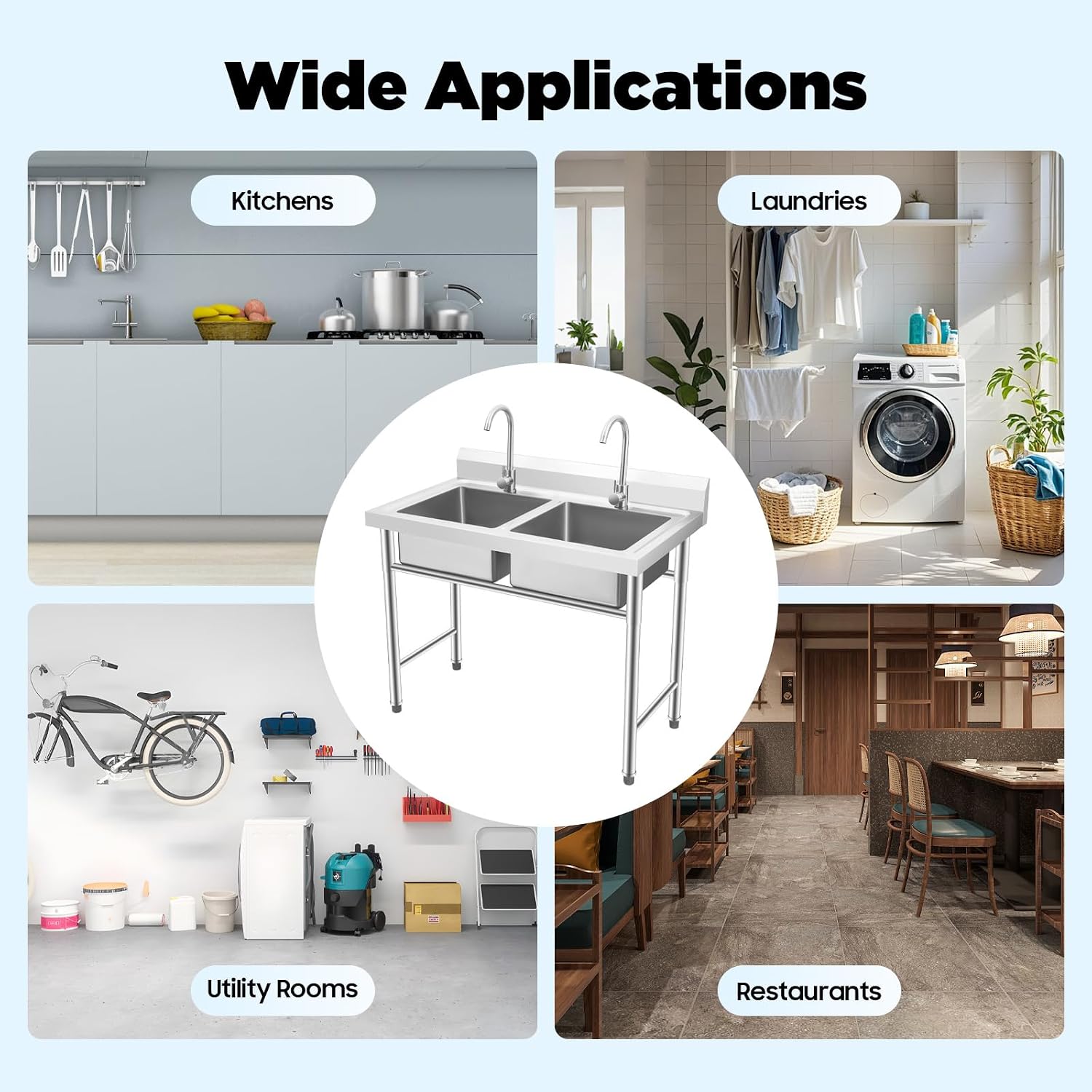 2 Compartment Commercial Kitchen Sink, Stainless Steel Freestanding Double Bowl Utility Sink With 2 360° Rotating Faucet Heavy Duty Portable Double Sink for Kitchen Garage(35.8x21.3x40in)
