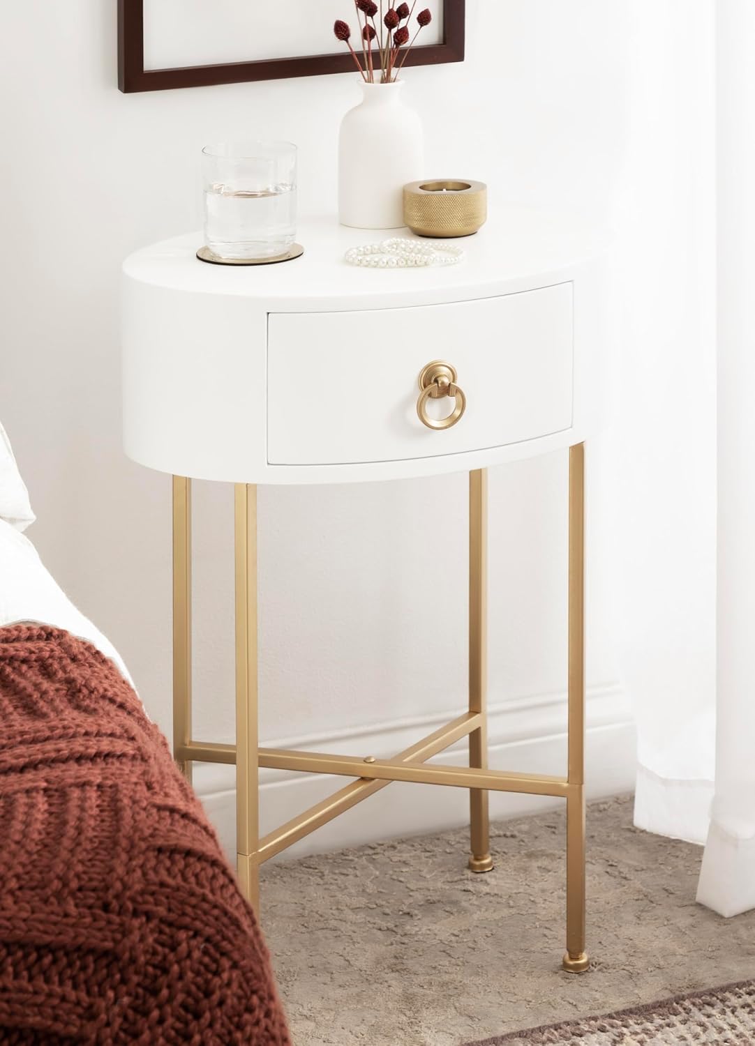 Kate and Laurel Decklyn Decorative Glam Oval Side Table; 16 x 12 x 24; White and Gold; Modern Round Living Room Table with Pull Drawer for Useful Storage