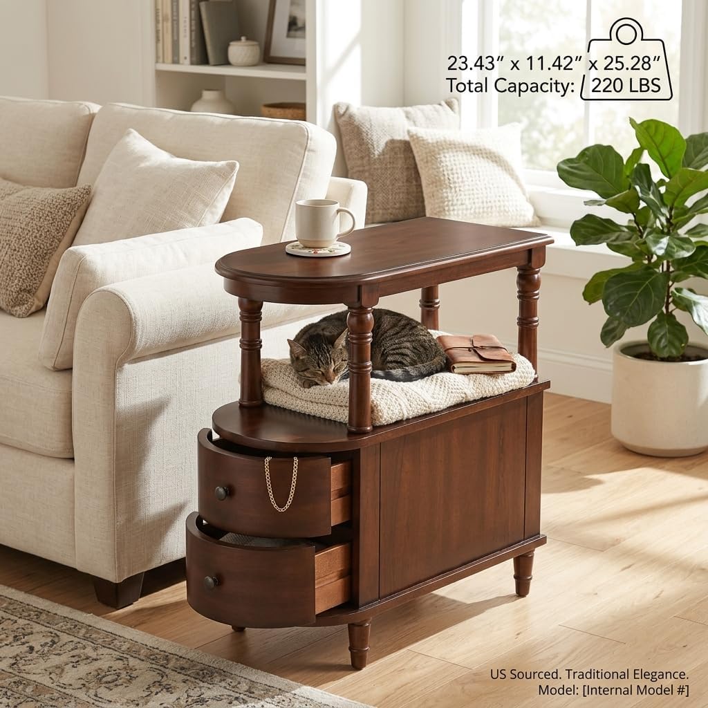 Narrow End Table with 2 Drawers and Storage Shelf, Slim Side Tables, Farmhouse Sofa Beside Table- for Small Spaces, Living Room Telephone Tables, Easy Assembly, Dark Brown BG-A508-CY