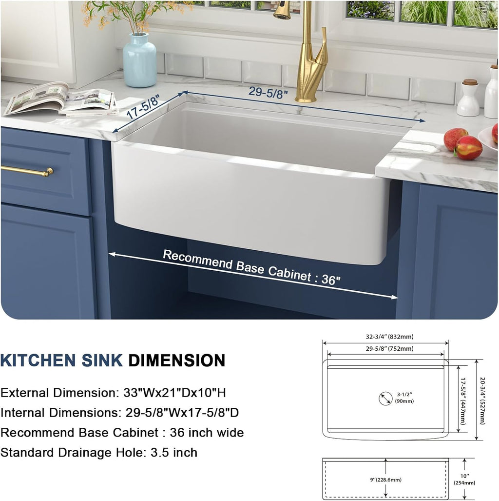 Lordear Farmhouse Sink 33 Inch White Kitchen Sinks Workstation Curved Apron Fireclay Porcelain Ceramic Single Bowl Farmer Sink Farm Sinks 33x21x10 Inch with Gold Accessories