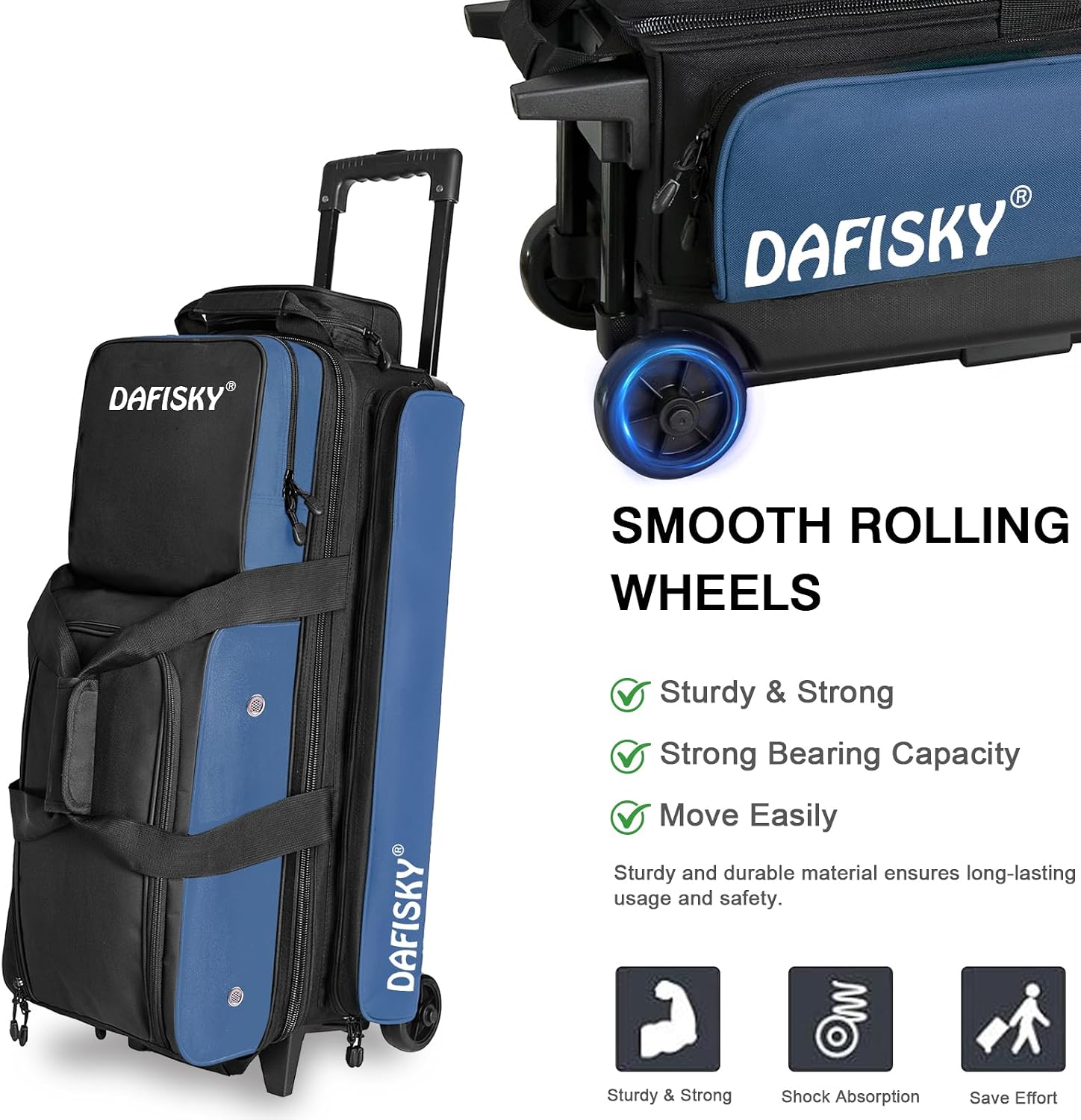 DAFISKY 3 Ball Bowling Bags with Wheels, Roller Bowling Bag with Multiple Pockets Retractable Handle Extends to 38''