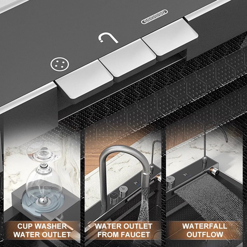 Waterfall Sink with Multi-Functional Pull-Out Faucet Stainless Steel Kitchen Sink Single Bowl Bar Sink with Complete Accessory Set (Black 75x46x22cm)