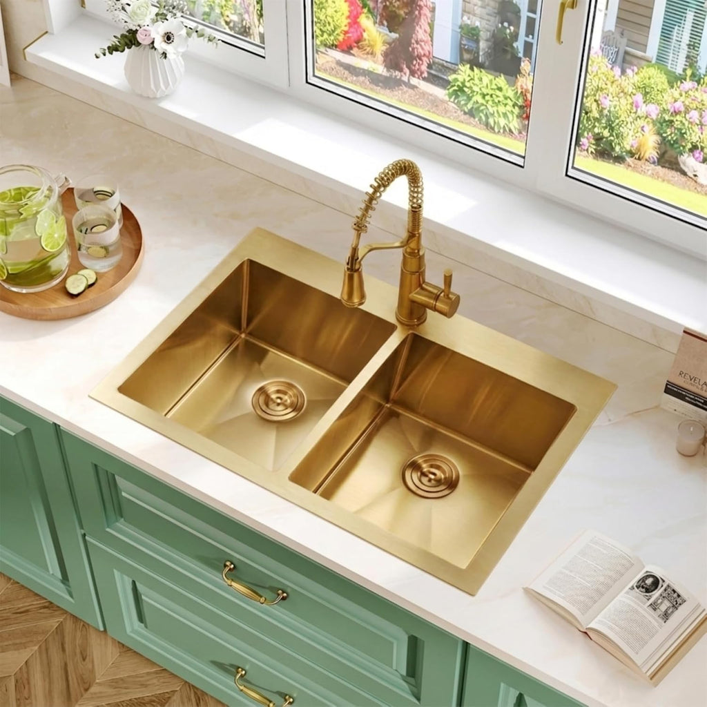 Gold Kitchen Sink,33 X 22 inch Drop in Kitchen Sinks Double Bowl,16 Gauge Stainless Steel 50/50 Double Sink,Top Mount/Drop In Double Kitchen Sink 33 inch