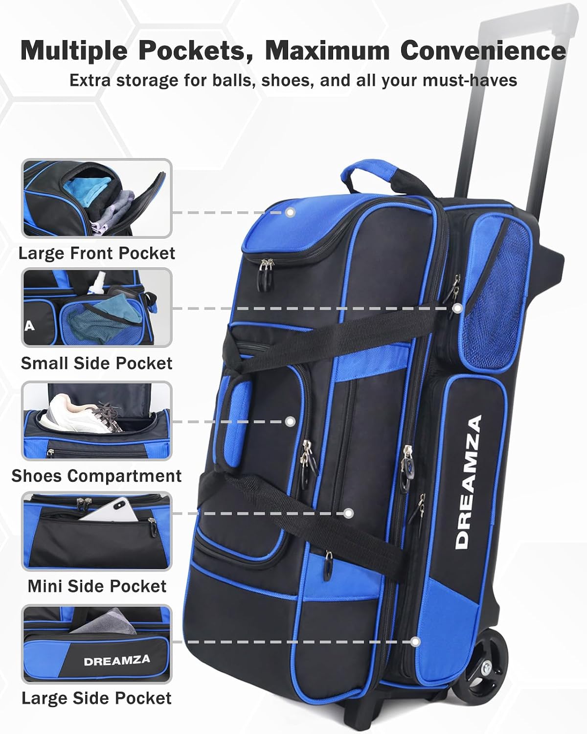 3 Ball Bowling Bags with Wheels & Shoe Pocket, Premium Bowling Ball Bag 3 Ball Roller, Effortless-Rolling 3 Ball Bowling Bag w/Multi-Storage Pockets & Telescopic Handle Extends to 40''