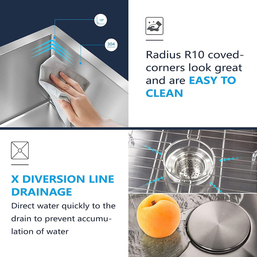 Kitchen Sinks 23x18 Inch Undermount Kitchen Sink Stainless Steel Sink 16 Gauge Single Bowl Sinks Set (5 Item Bundle: Sink, Bottom Grid, Drain Assembly, Drain Cap, Towel)