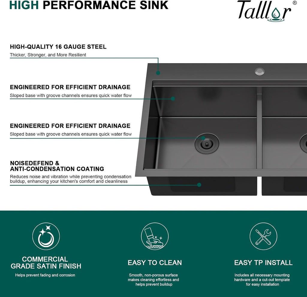 33 Double Bowl Kitchen Sinks with Faucet - 33x19 Drop In Workstation Black Kitchen Sink, Topmount Stainless Steel 16 Gauge Double Bowl 50/50 Split Handmade Sinks Round Corner #TLT-0026
