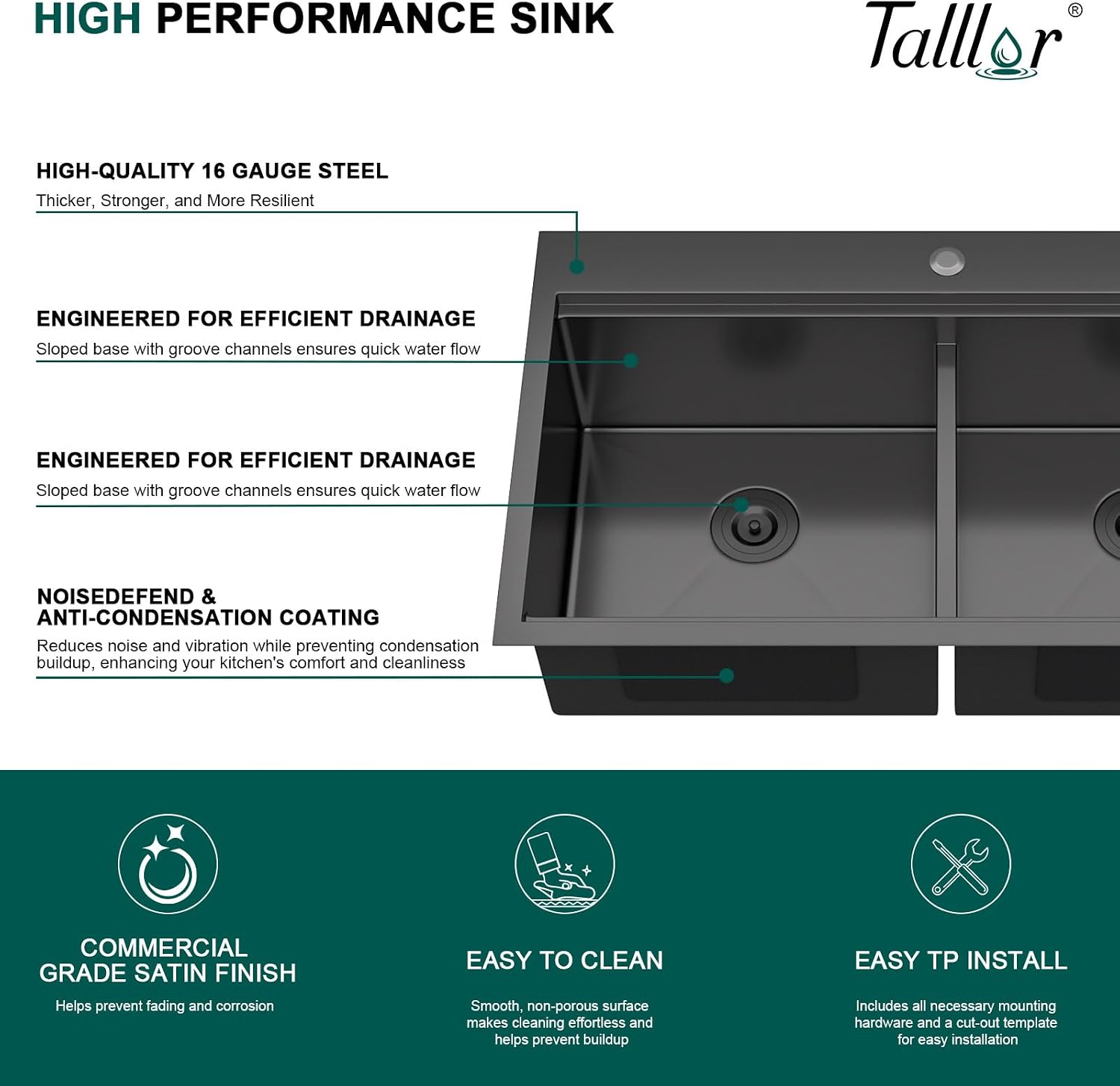 33 Double Bowl Kitchen Sinks with Faucet - 33x19 Drop In Workstation Black Kitchen Sink, Topmount Stainless Steel 16 Gauge Double Bowl 50/50 Split Handmade Sinks Round Corner #TLT-0026