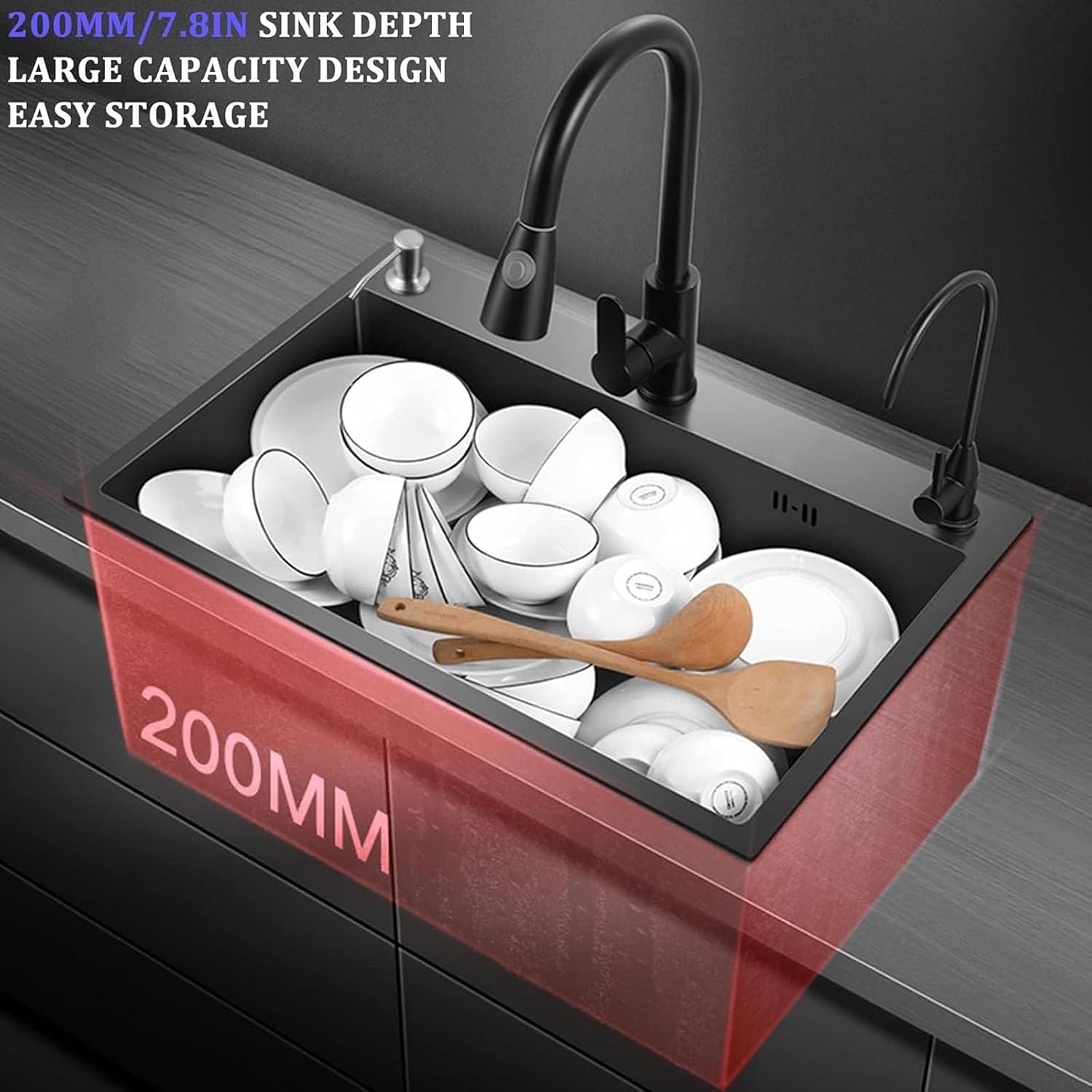 Black Nano Single Bowl Kitchen Sink 304 Stainless Steel Bar Sink Household RV Sink with Pull-Out Faucet and Drainage Assembly Top Mount Or Under Mount (Color : Black, Size : 72x45x20cm) (Black 50