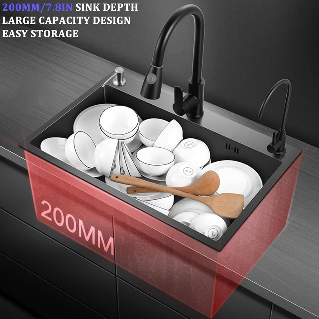 Black Nano Single Bowl Kitchen Sink 304 Stainless Steel Bar Sink Household RV Sink with Pull-Out Faucet and Drainage Assembly Top Mount Or Under Mount (Color : Black, Size : 72x45x20cm) (Black 50