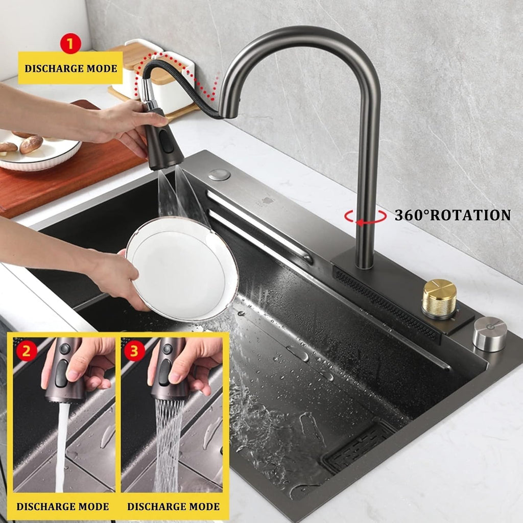 Nano Single Bowl Kitchen Sink 304 Stainless Steel Bar Sink Household Multi-Function RV Sink with Faucet and Drain Assembly Drop in Or Under Mount (Grey-68x45x22cm