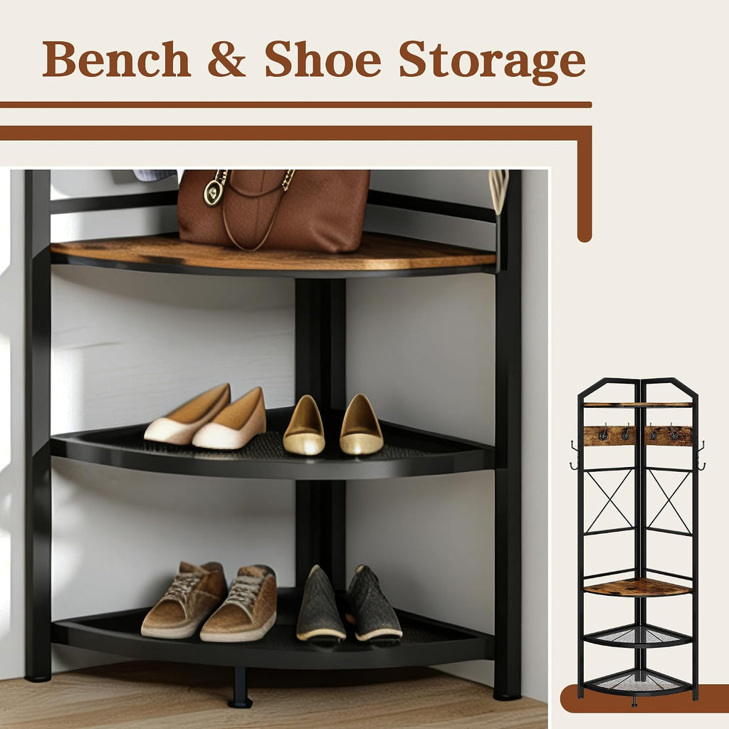 Corner Coat Rack with Storage, Entryway Hall Tree with Bench and 10 Metal Hooks, Freestanding Clothes Rack Shoes Shelf Organizer for Home Office Bedroom, Rustic Brown