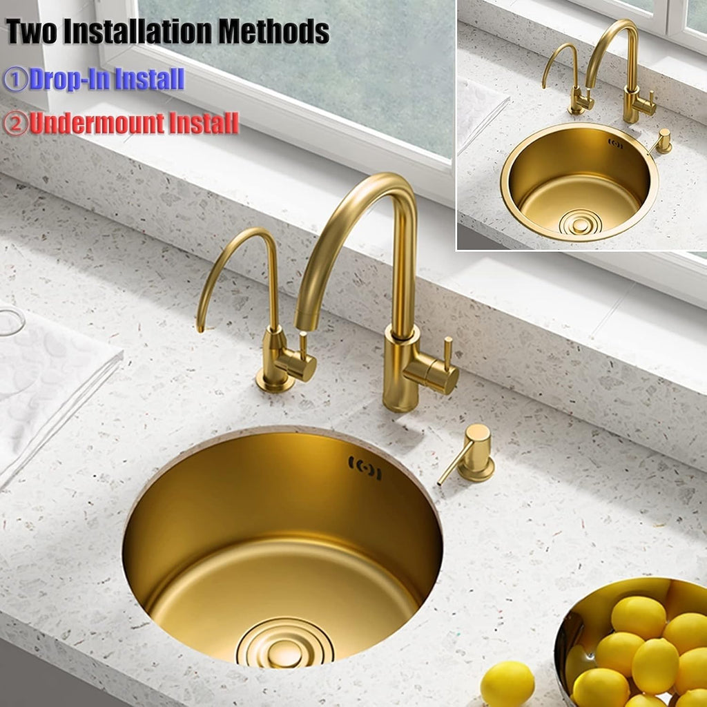 Gold Single Bowl Kitchen Sink Stainless Steel Small Bar Sink with Faucet and Drain Kit Drop-in Or Undermount (Color : Gold-2, Size : 36x36cm) (Gold2 40x40cm)