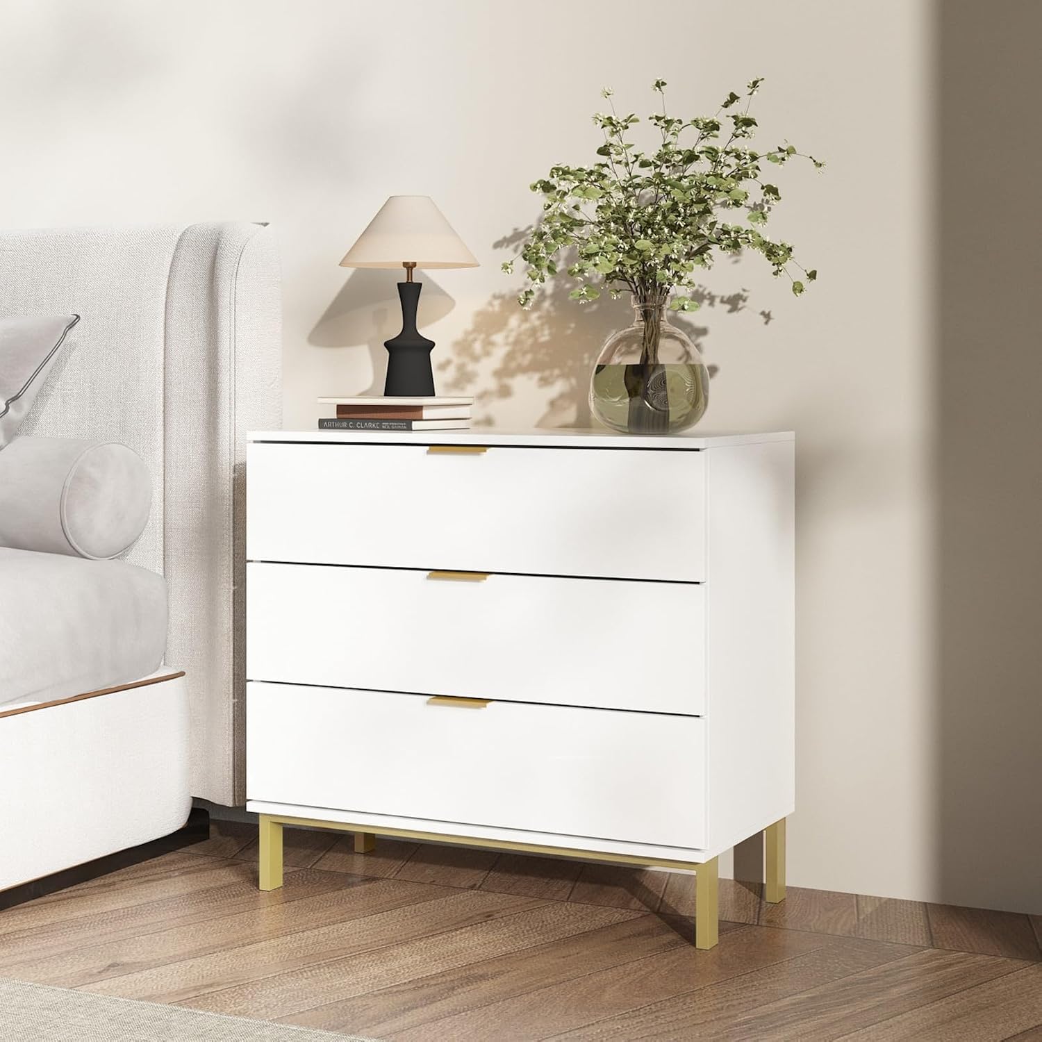 Large White Nightstand Modern End Table with 3 Drawers, Gold Metal Handles & Legs, Bed Side Table for Living Room, White and Gold, 31.5'W x 15.7'D x 29.5'H