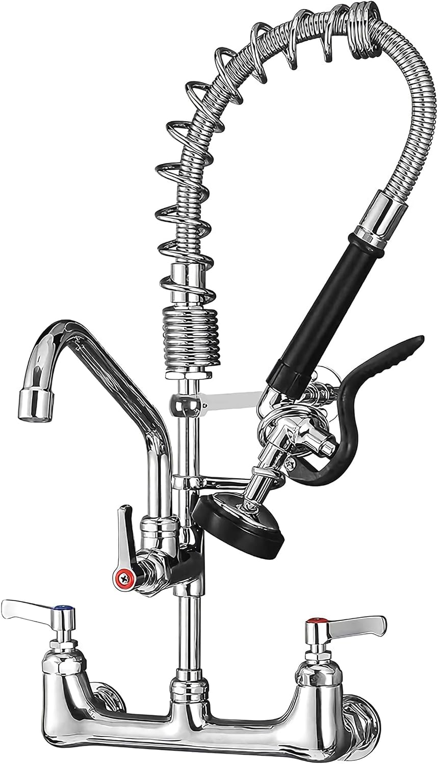 Commercial Faucet with Sprayer 21' Height 8' Center Wall Mount Kitchen Sink Faucet Brass Constructed Polished Chrome Pre-Rinse Device with Spring and 8' Add-on Spout