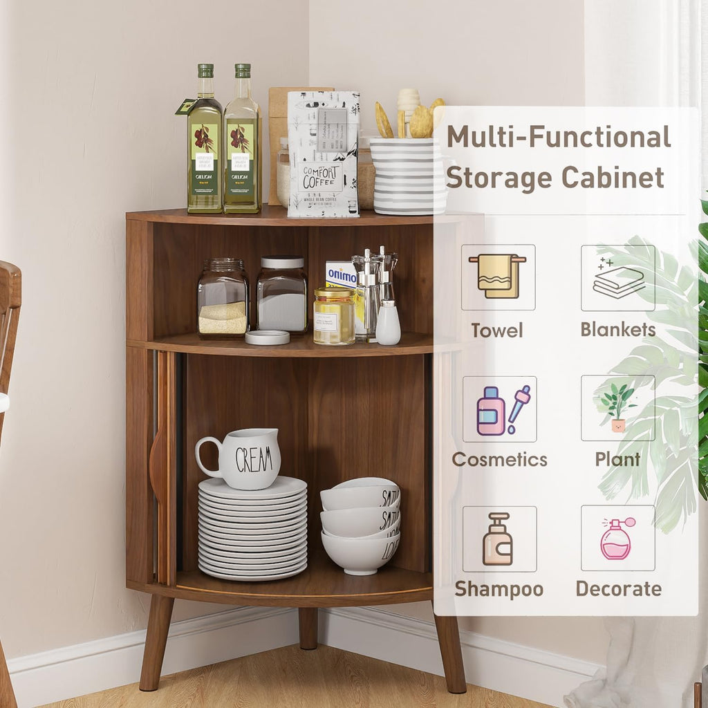 Bathroom Corner Storage Cabinet, 31.5''H Small Floor Corner Cabinet with 2 Fluted Doors and Shelves, Freestanding Narrow Cabinets Organizer for Living Room, Kitchen (Walnut, 31.5''H)