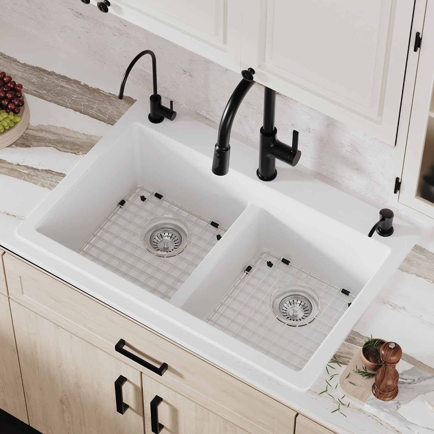Karran QT-810 33' Top Mount Double Equal Bowl Quartz Kitchen Sink Kit in White
