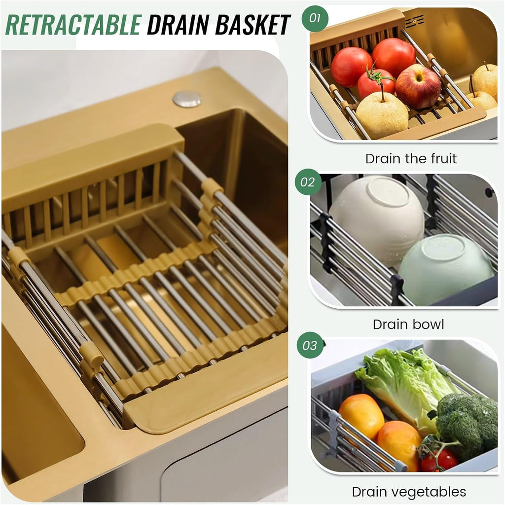 Stainless Steel Double Bowl Kitchen Sink, Drop-In Workstation Sink, With Retractable Drain Basket, Drain Sets Included, Large Undermount Farmhouse Sink, Top-Mount Kitchen Bar Sink(B,80x45x22cm)