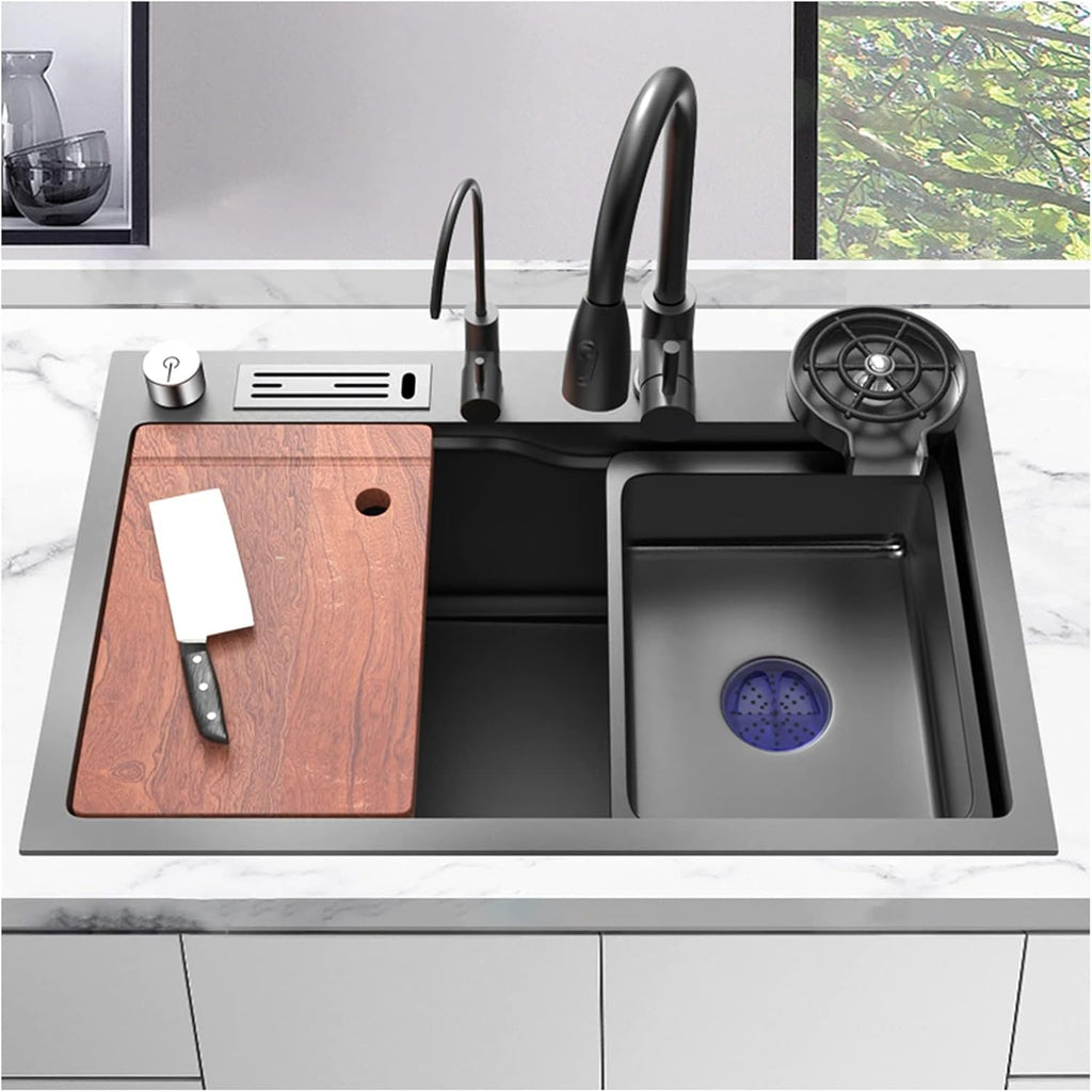 304 Stainless Steel Nano Kitchen Sink Multi-Purpose Single Bowl Bar Sink Rv Sink with Pull-Out Faucet and Cup Washer Top Mount Or Undermount (Color : Black, Size : 80x50x20cm) (Black 75x46x20cm)