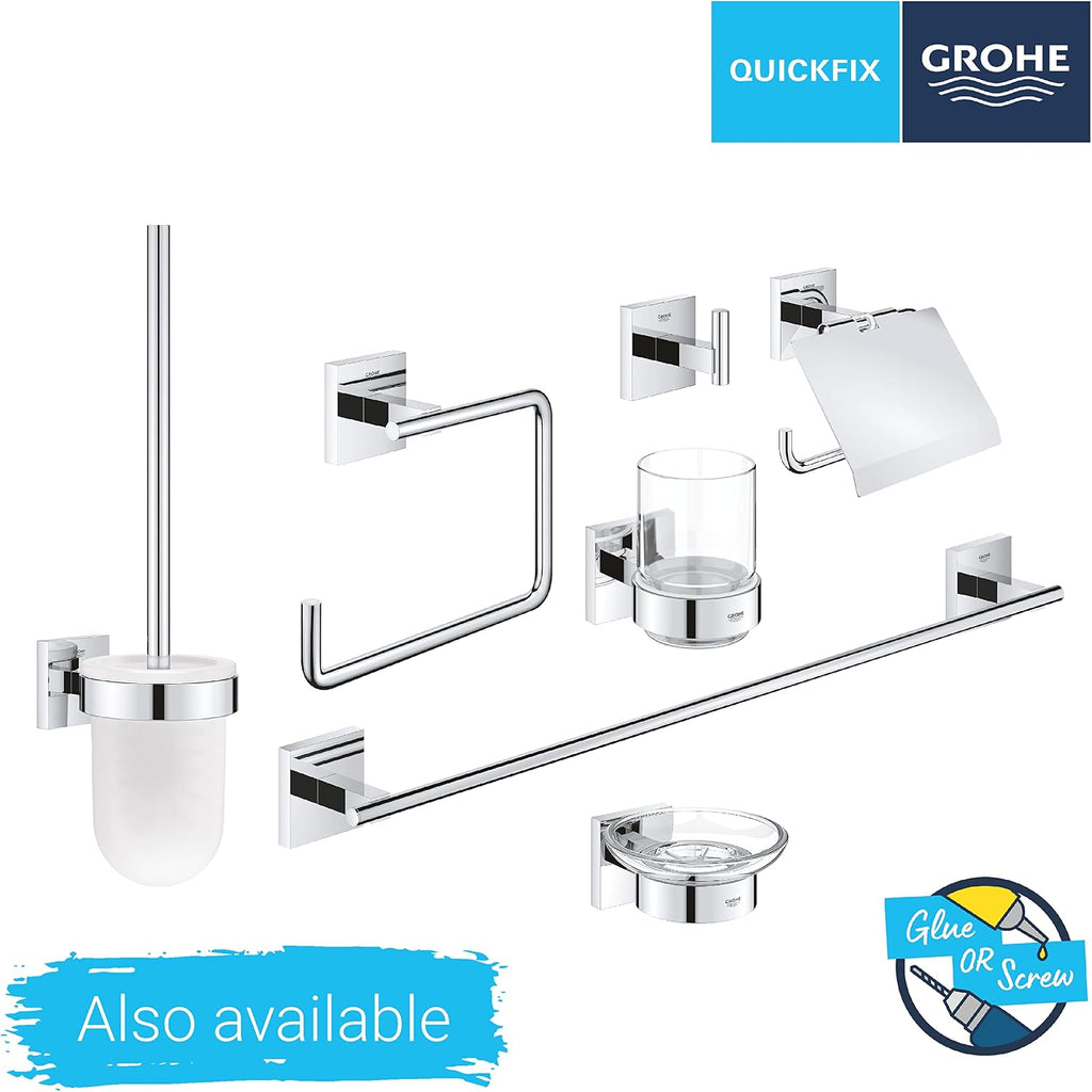 GROHE Start Cube Corner Shower Basket – Bathroom Wall Mounted Corner Shelf (Metal and Plastic, Including Screws and Dowels), Size 160 mm, Extra Easy to fit with GROHE QuickGlue, Chrome, 41106000
