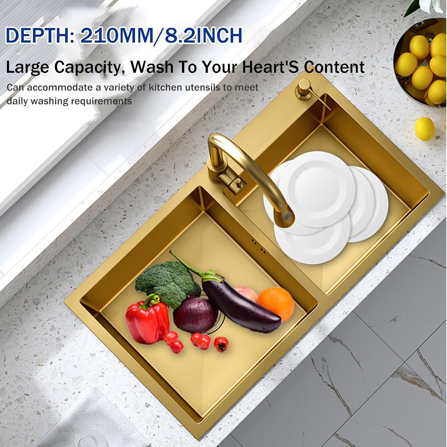 Gold Double Bowl Kitchen Sinks, with Faucet, 304 Stainless, Top Mount Kitchen Sink and Accessories, Undermount Vegetable Basin (Color : Gold D, Size : 82X45cm)