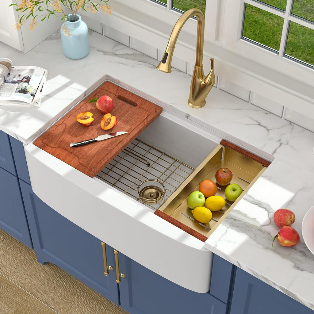 Lordear Farmhouse Sink 33 Inch White Kitchen Sinks Workstation Curved Apron Fireclay Porcelain Ceramic Single Bowl Farmer Sink Farm Sinks 33x21x10 Inch with Gold Accessories
