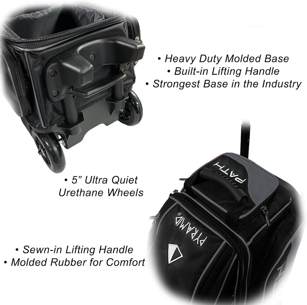 Pyramid Path Triple Premium Deluxe Roller Bowling Bag With Extra Large Separate Shoe Compartment (Up To US Mens Size 16) and 5 Accessory Pockets, 5' Wheels, Retractable Locking Handle - Extends to 42'