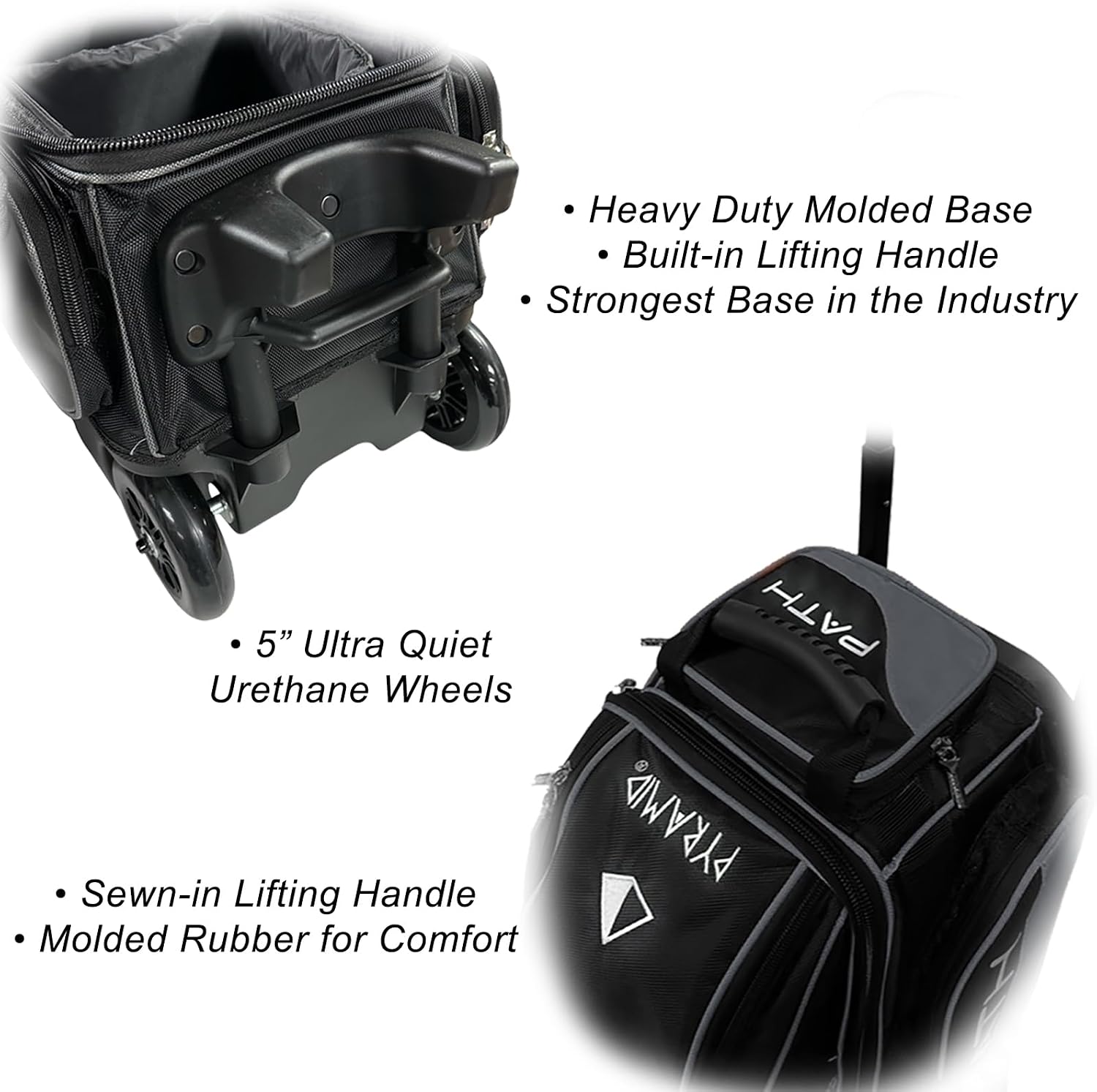 Pyramid Path Triple Premium Deluxe Roller Bowling Bag With Extra Large Separate Shoe Compartment (Up To US Mens Size 16) and 5 Accessory Pockets, 5' Wheels, Retractable Locking Handle - Extends to 42'
