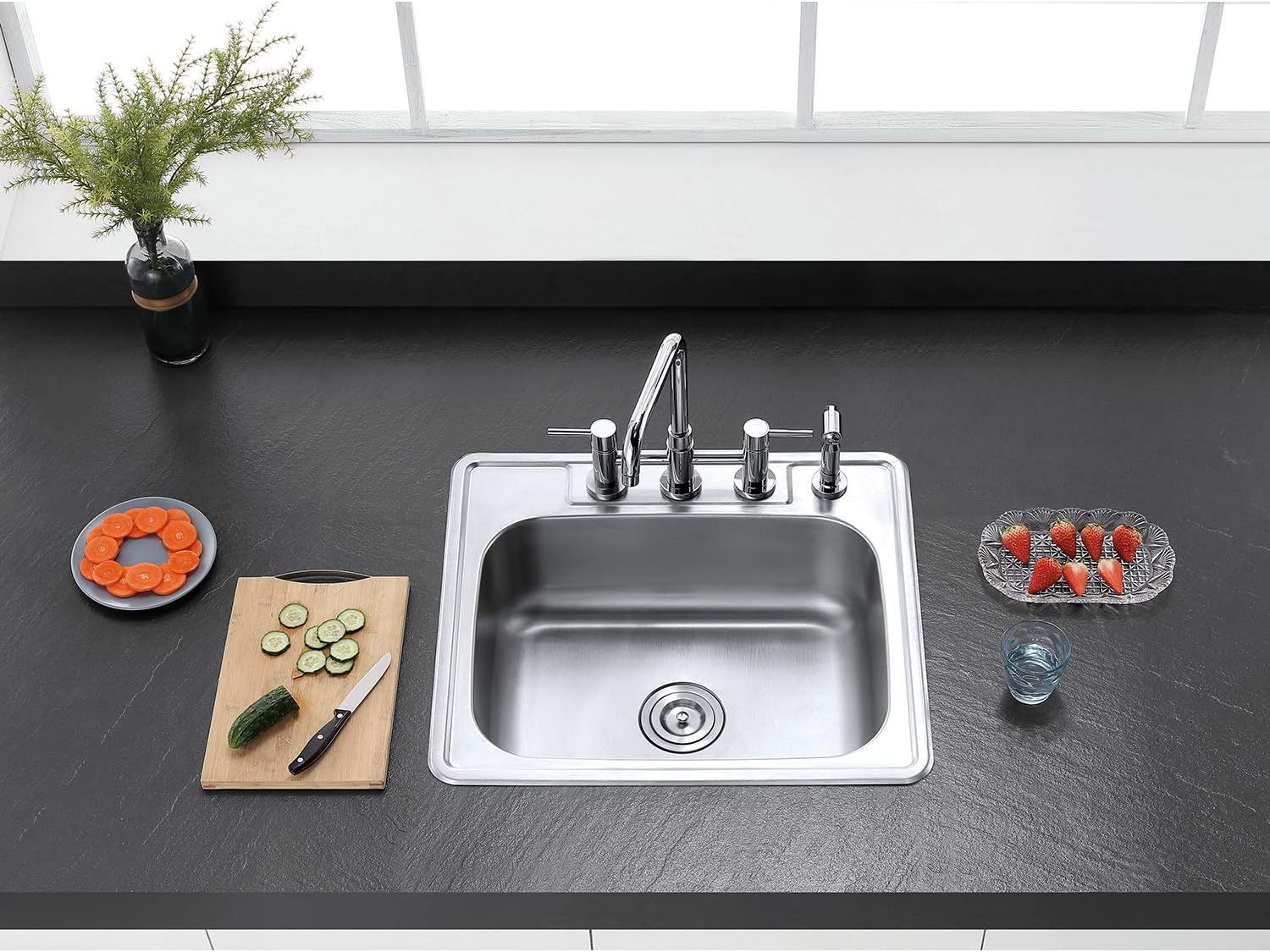 Kingston Brass Gourmetier GKTS25228 Studio Self Rimming Single Bowl Sink, 25-Inch L × 22-Inch W × 8-Inch H, Brushed Stainless Steel