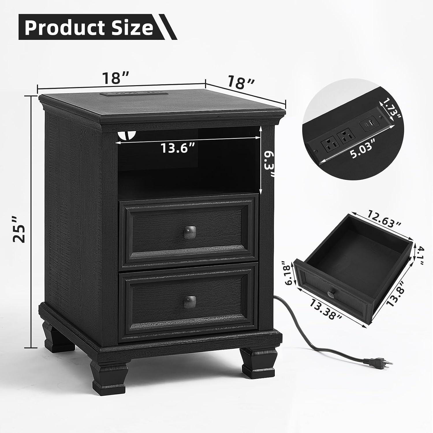 SAVOR LIFE Farmhouse Side Table with Charging Station, Rustic Black Nightstand with Drawers, Bedside Table with Open Shelf for Bedroom, Black