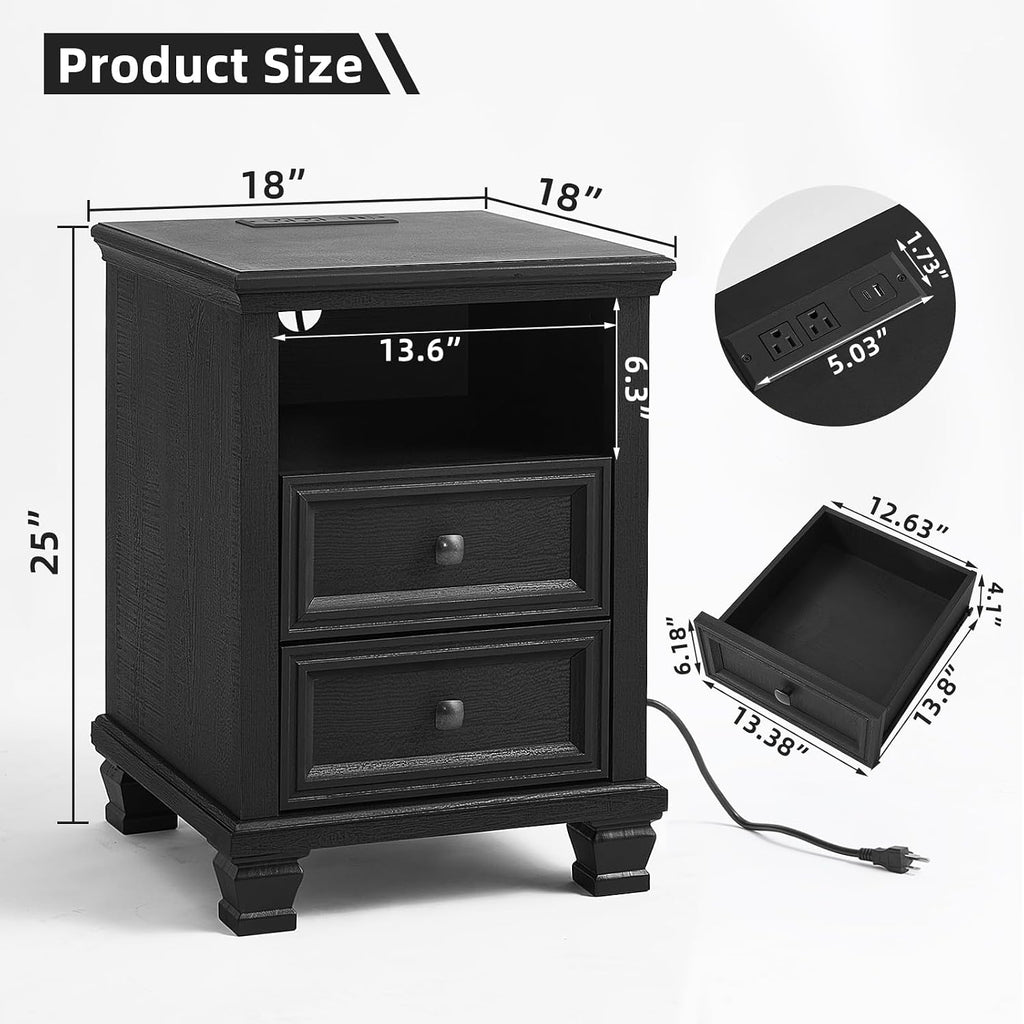 SAVOR LIFE Farmhouse Nightstand Set of 2 with Charging Station, Rustic Black Nightstand with Drawers, Bedside Table with Open Shelf for Bedroom, Black