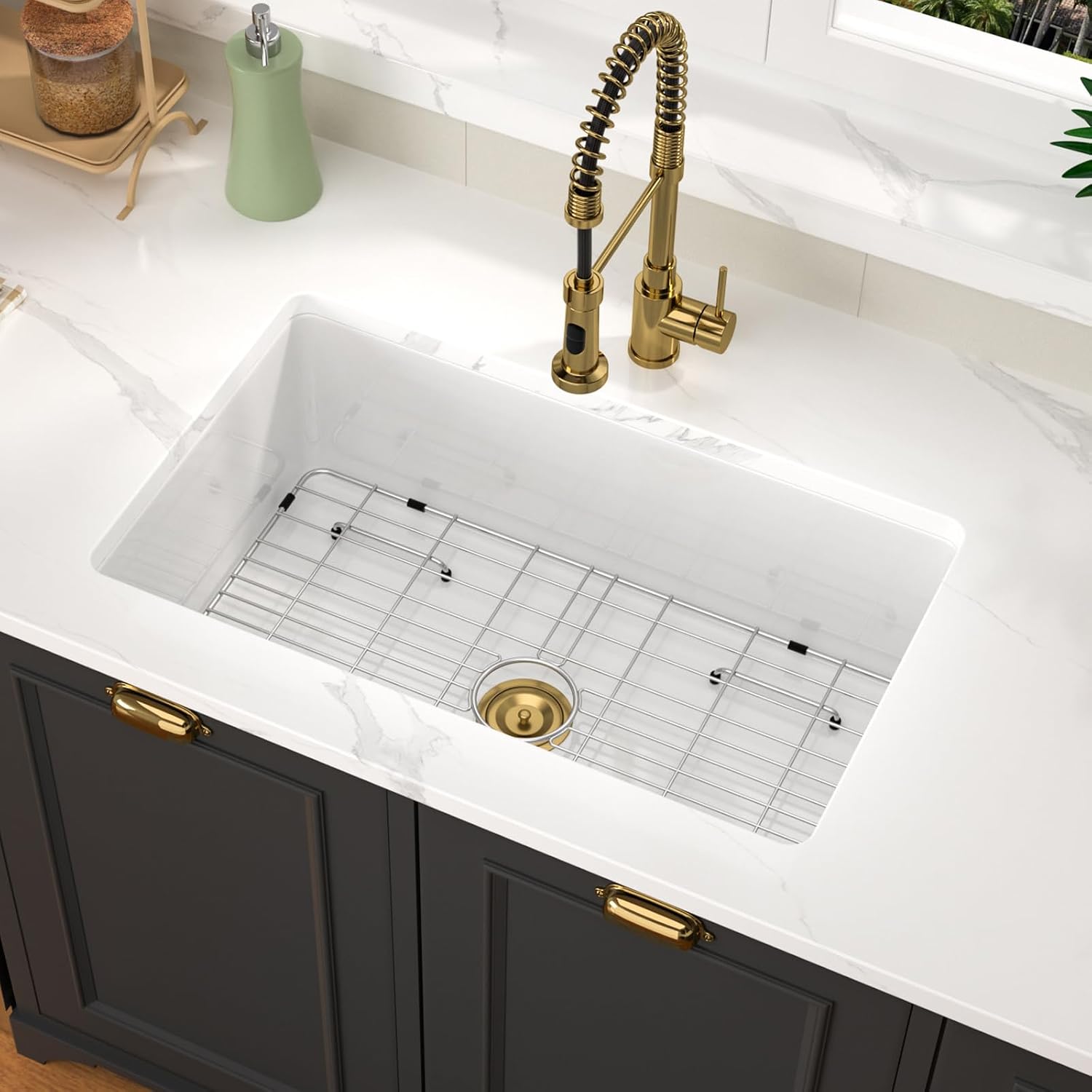 White Undermount Kitchen Sink 30 Inch Porcelain White Kitchen Sink 30'x18'x10' Dual Mount Single Bowl Ceramic Kitchen Sinks - Gold Drain Set