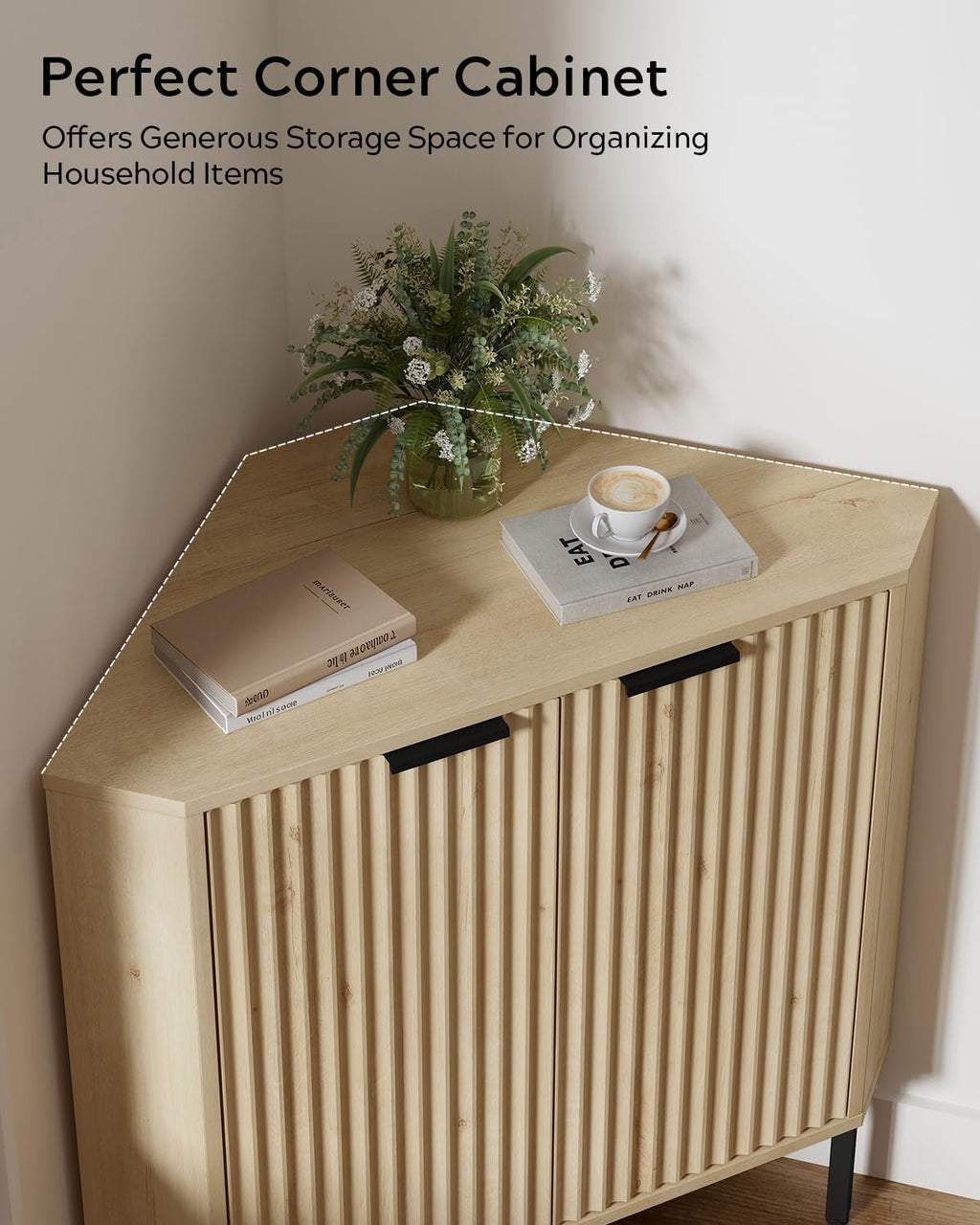 Modern Corner Cabinet, Fluted Wood Floor Storage Cabinet with Adjustable Shelf, Freestanding Narrow Organizer for Living Room Kitchen, Light Oak