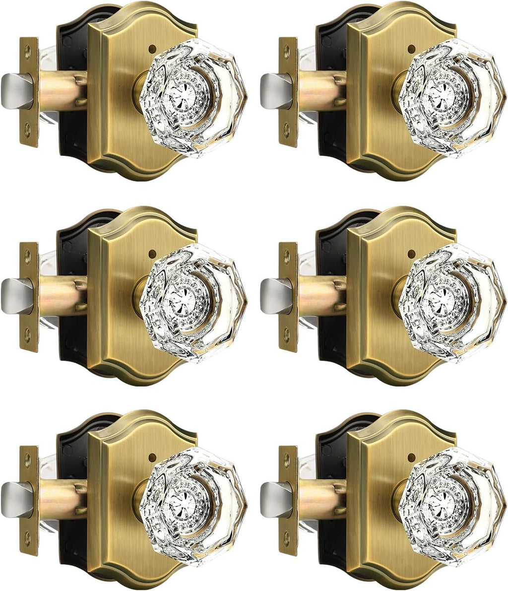 Gobrico Privacy Door Locks Crystal Knobs with Arched Antique Brass Finish,Interior Doorknobs with Lock for Bathroom Bedroom,Heavy Duty Door Handles,6 Pack