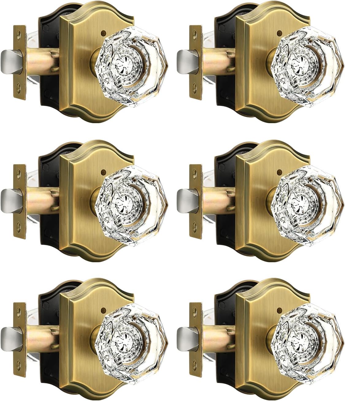 Gobrico Privacy Door Locks Crystal Knobs with Arched Antique Brass Finish,Interior Doorknobs with Lock for Bathroom Bedroom,Heavy Duty Door Handles,6 Pack
