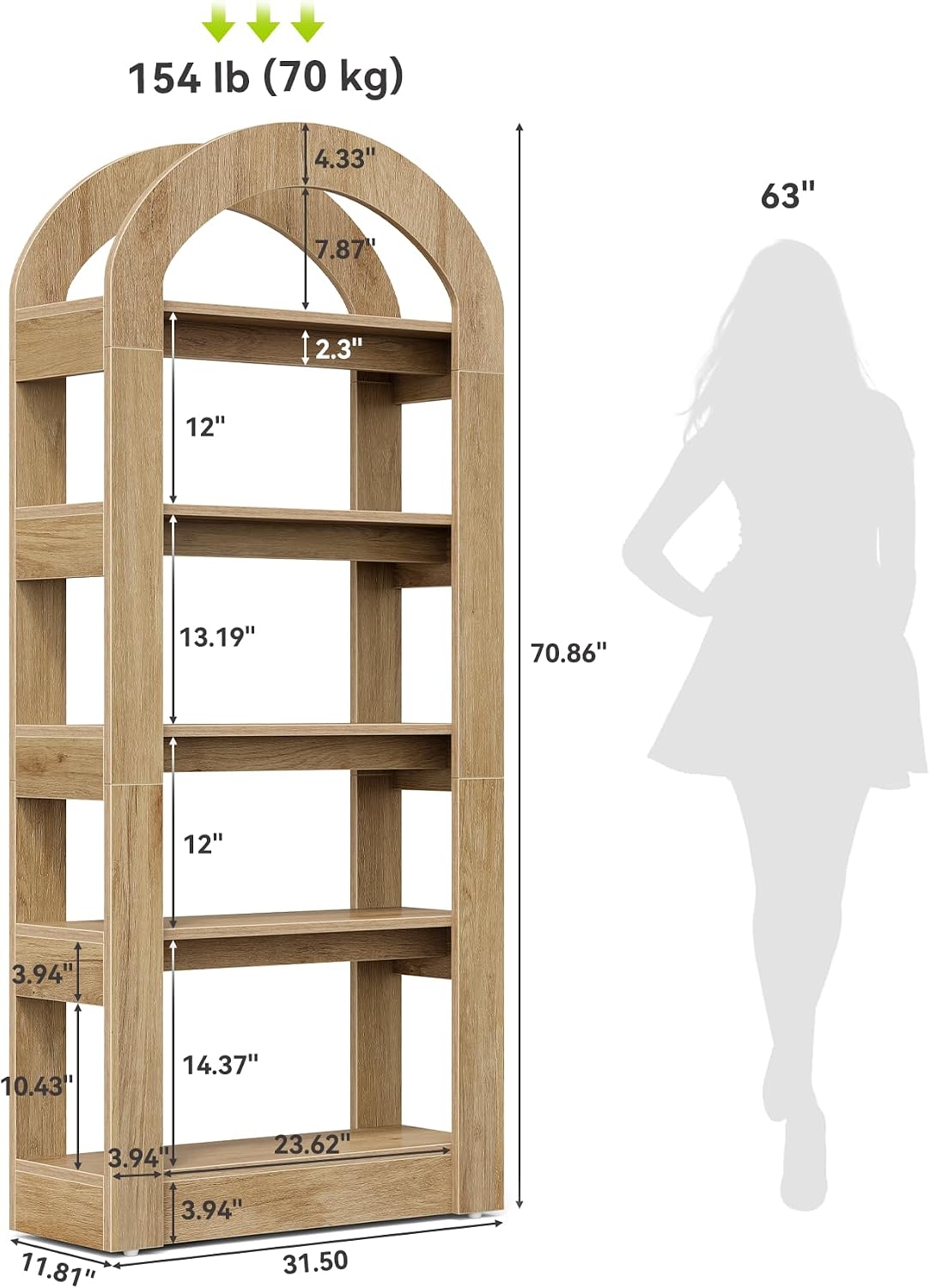 LITTLE TREE 5-Tier Bookshelf, Arch-Shaped Racks, Tall Standing Wooden Bookcase Display Shelf Modern Storage Solution (2, Teak Color)