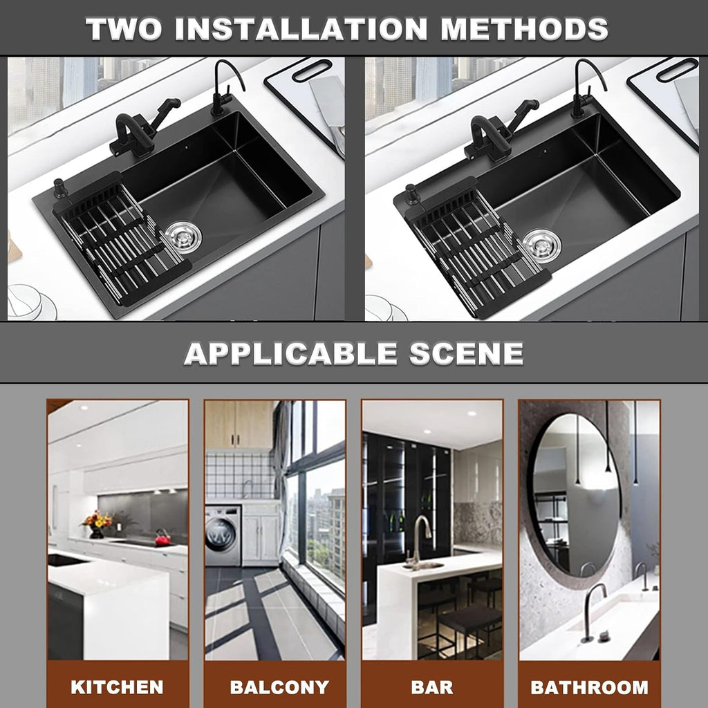 304 Stainless Steel Kitchen Sink Black Single Bowl Bar Sink Household Handmade RV Sink with Multi-Functional Pull-Out Faucet and Drainage Kit Top Mount Or Undermount (Black 50x45x22cm)