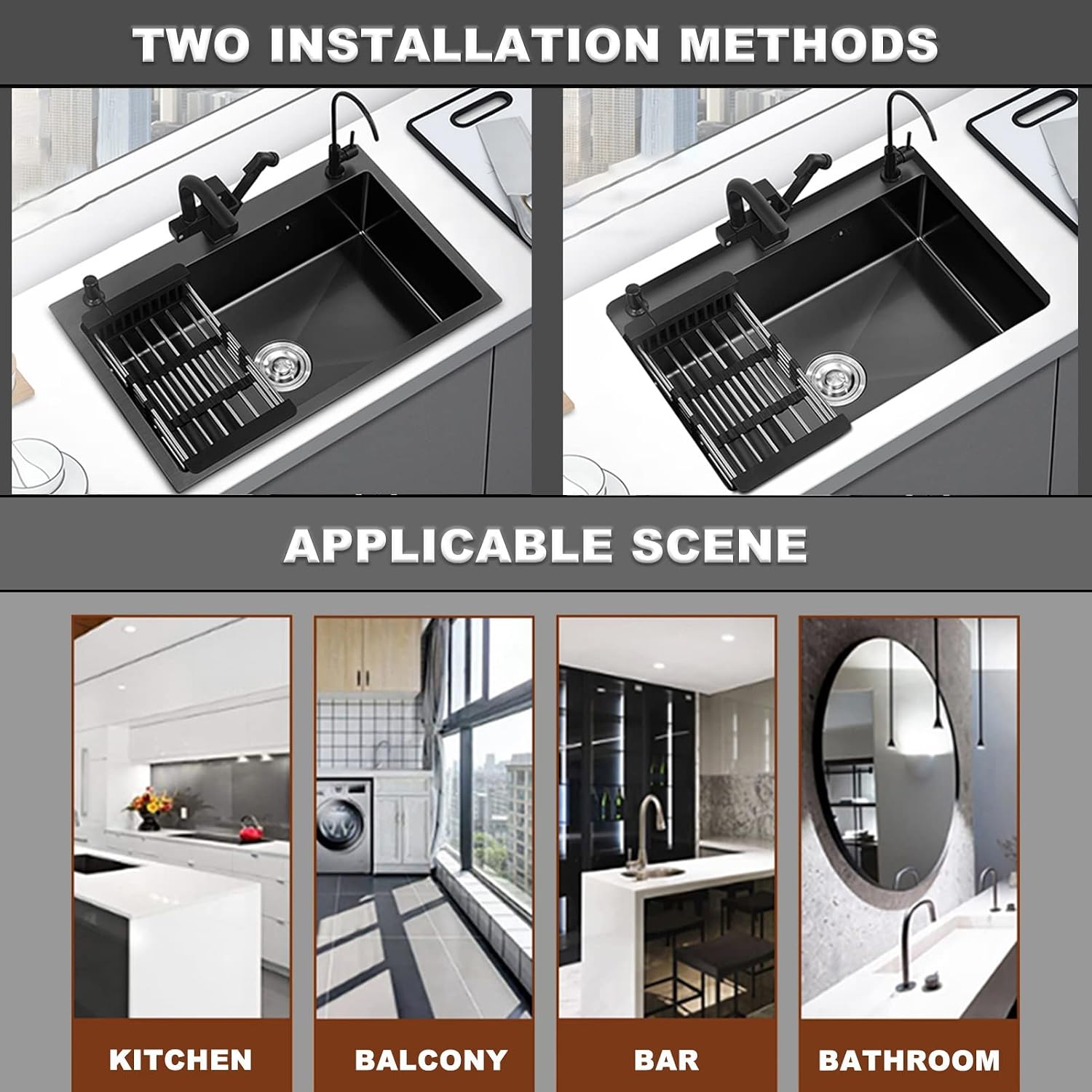 304 Stainless Steel Kitchen Sink Black Single Bowl Bar Sink Household Handmade RV Sink with Multi-Functional Pull-Out Faucet and Drainage Kit Top Mount Or Undermount (Black 50x45x22cm)