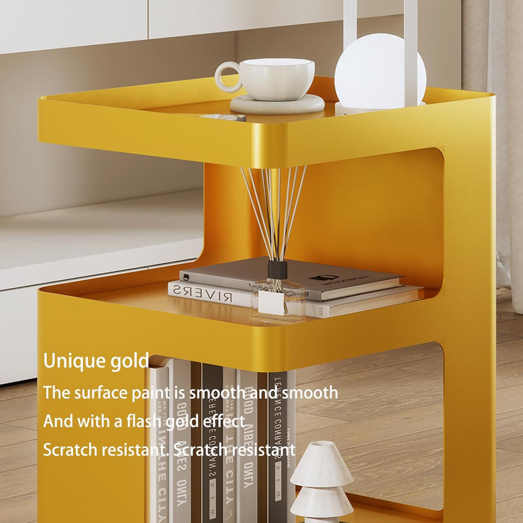 Gold Side Table,Modern end Table with Storage,Unique nightstand,Metal Small Bedside Table,3-Tier Accent Table for Bedroom,Living Room,Small Space,Couch.No Assembly Required