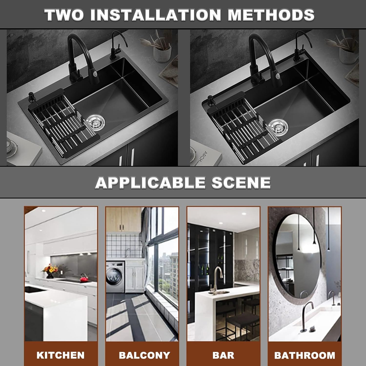 Black Nano Single Bowl Kitchen Sink 304 Stainless Steel Bar Sink Multifunctional RV Sink with Pull-Out Faucet and Cup Washer Top Mount Or Undermount (Color : Black, Size : 60x45x21cm)
