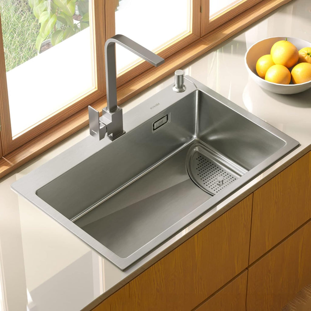 Square Brushed Single Bowl Kitchen Sink/ 304 Stainless Steel Bar Prep Sink with Drain Pipe and Installation Kit Drop in Or Undermount (Color : NO Faucet, Size : 68x45x23.5cm) (Bhave Faucet 68x45x