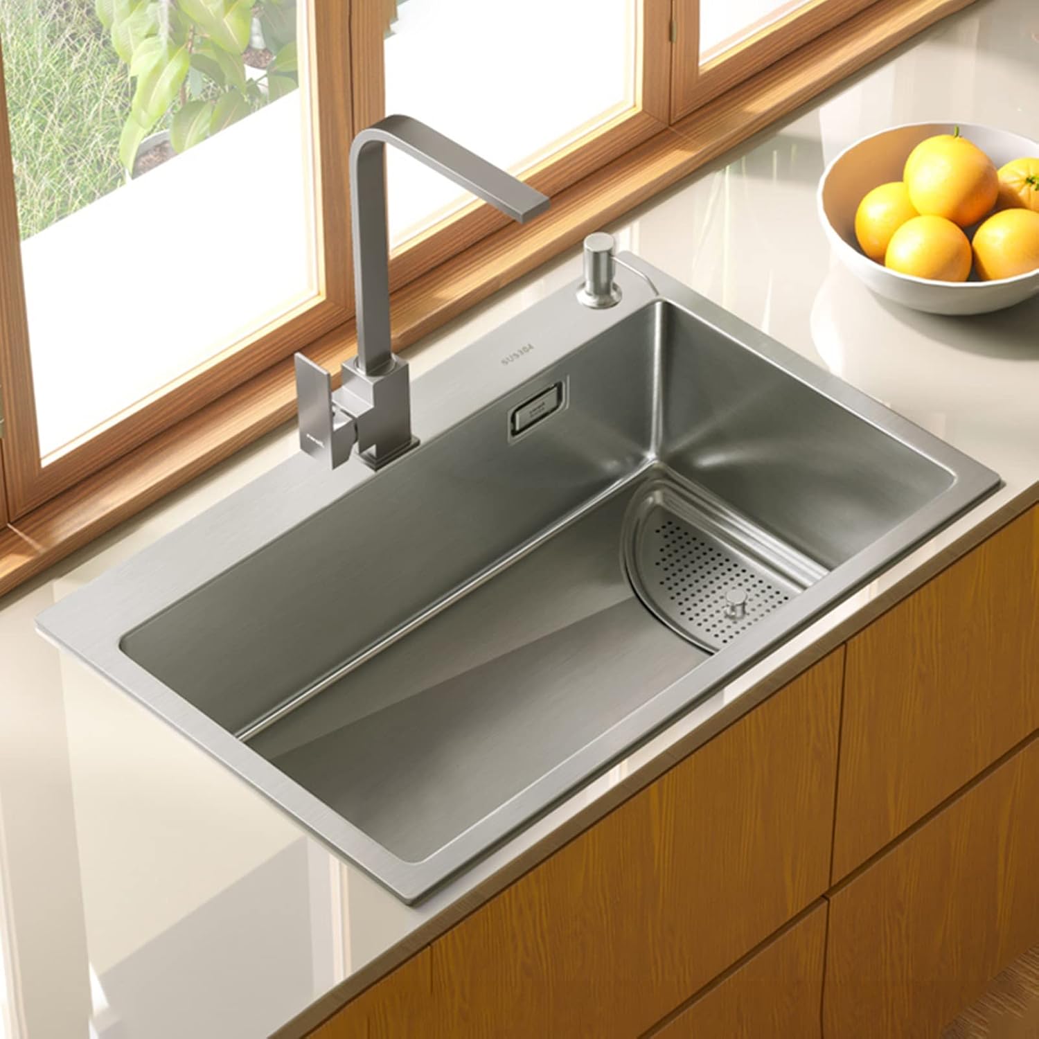 Square Brushed Single Bowl Kitchen Sink/ 304 Stainless Steel Bar Prep Sink with Drain Pipe and Installation Kit Drop in Or Undermount (Color : NO Faucet, Size : 68x45x23.5cm) (Bhave Faucet 68x45x