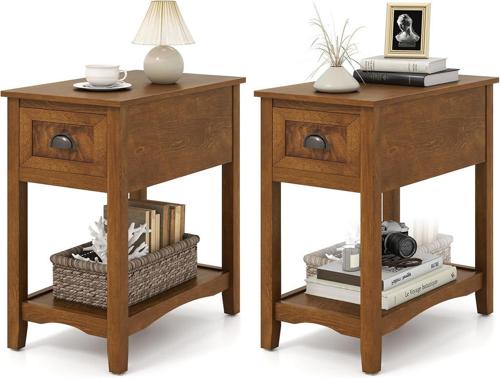 Giantex End Table with Drawer, Retro Narrow Side Table, Nightstand with Solid Wood & Storage Shelf, Bedside Table for Living Room Bedroom Small Space Home Office (2, Tawny)