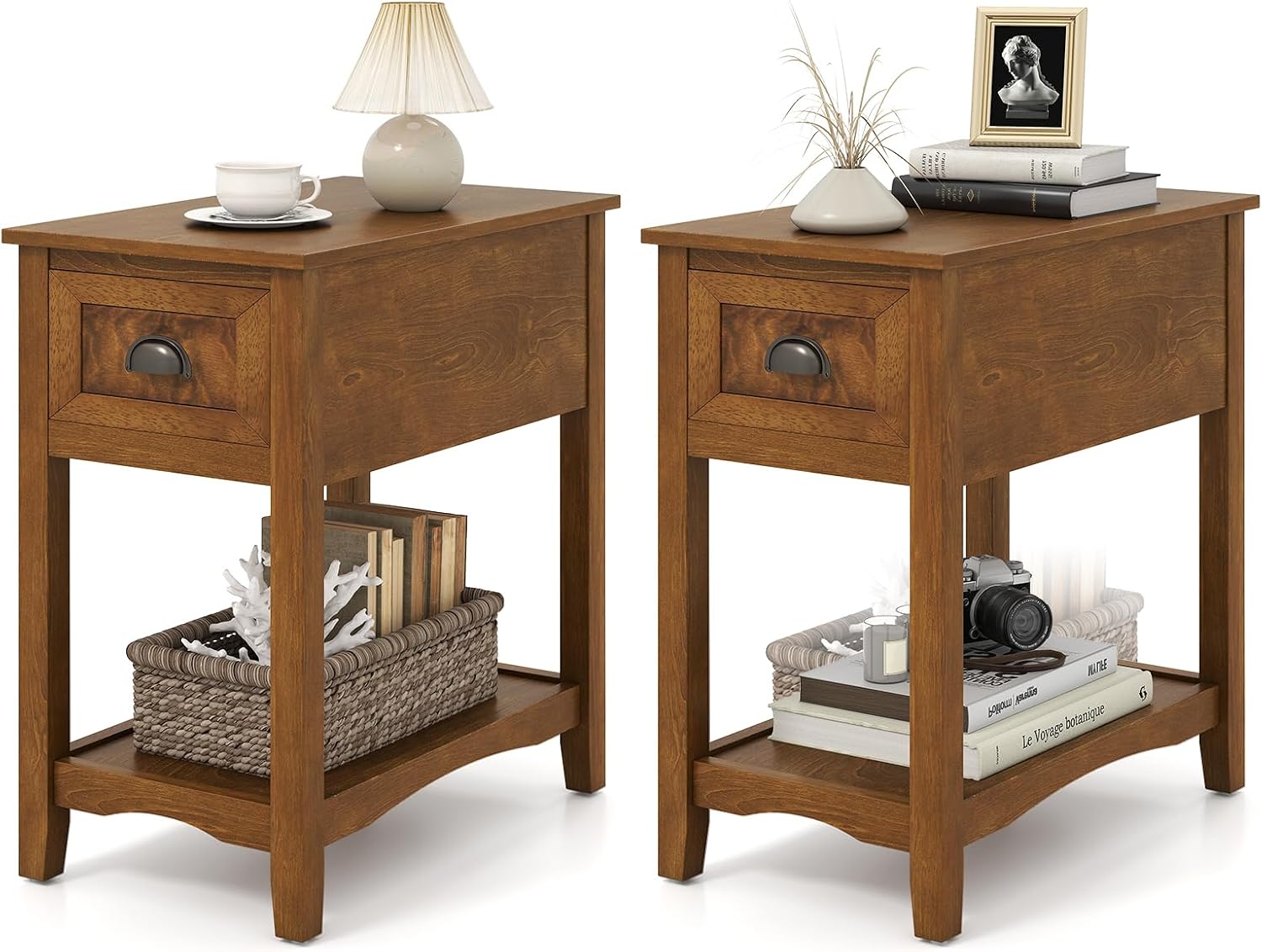 Giantex End Table with Drawer, Retro Narrow Side Table, Nightstand with Solid Wood & Storage Shelf, Bedside Table for Living Room Bedroom Small Space Home Office (2, Tawny)
