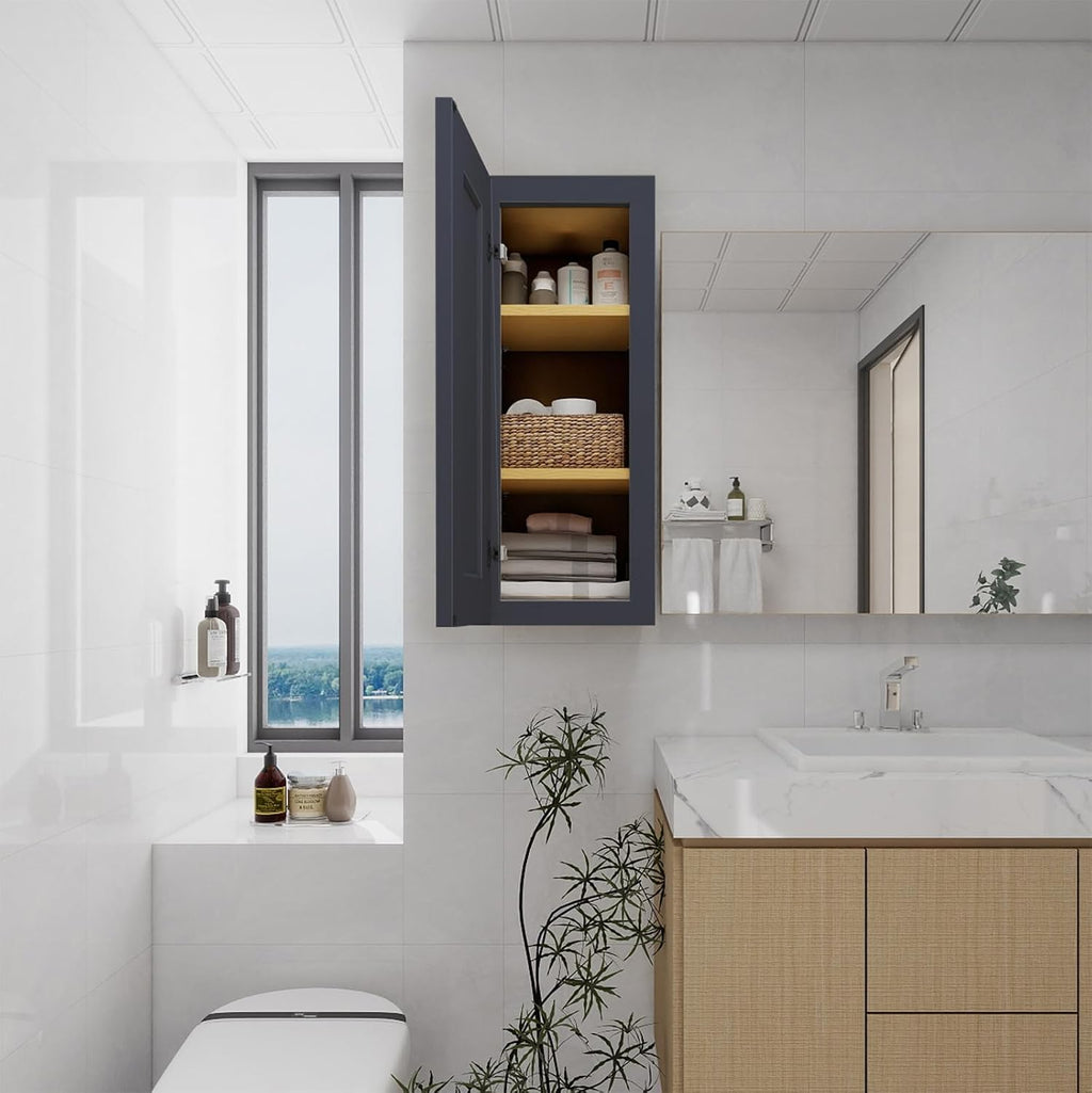 Blue Solid Wood Single Door Wall Cabinet 1 Door and 2 Shelves for Kitchen Storage, Bathroom Storage, Laundry,Adjustable Shelves Ready to Assemble(15'W×12'D×30'H)