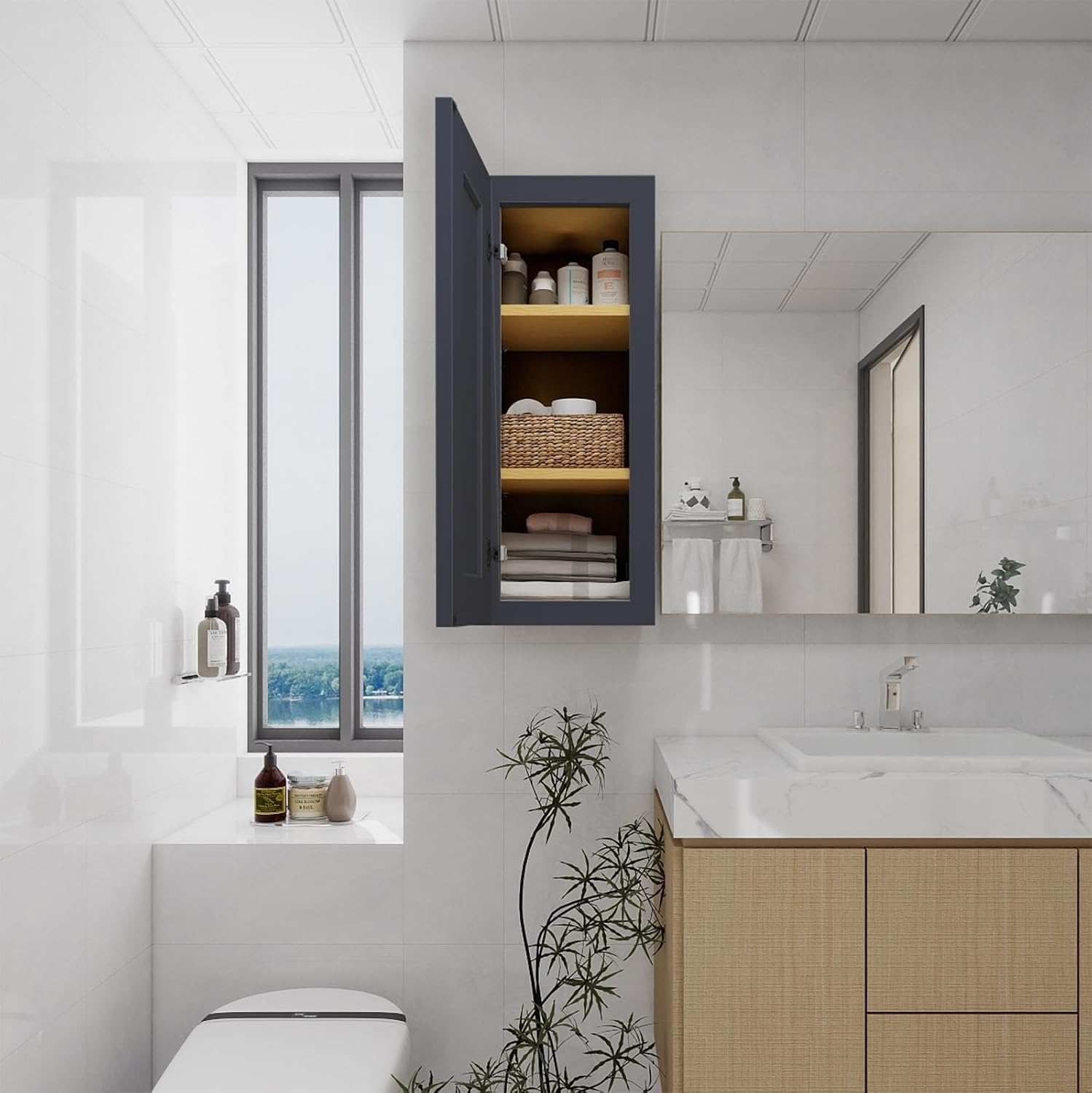Blue Solid Wood Single Door Wall Cabinet 1 Door and 2 Shelves for Kitchen Storage, Bathroom Storage, Laundry,Adjustable Shelves Ready to Assemble(15'W×12'D×30'H)