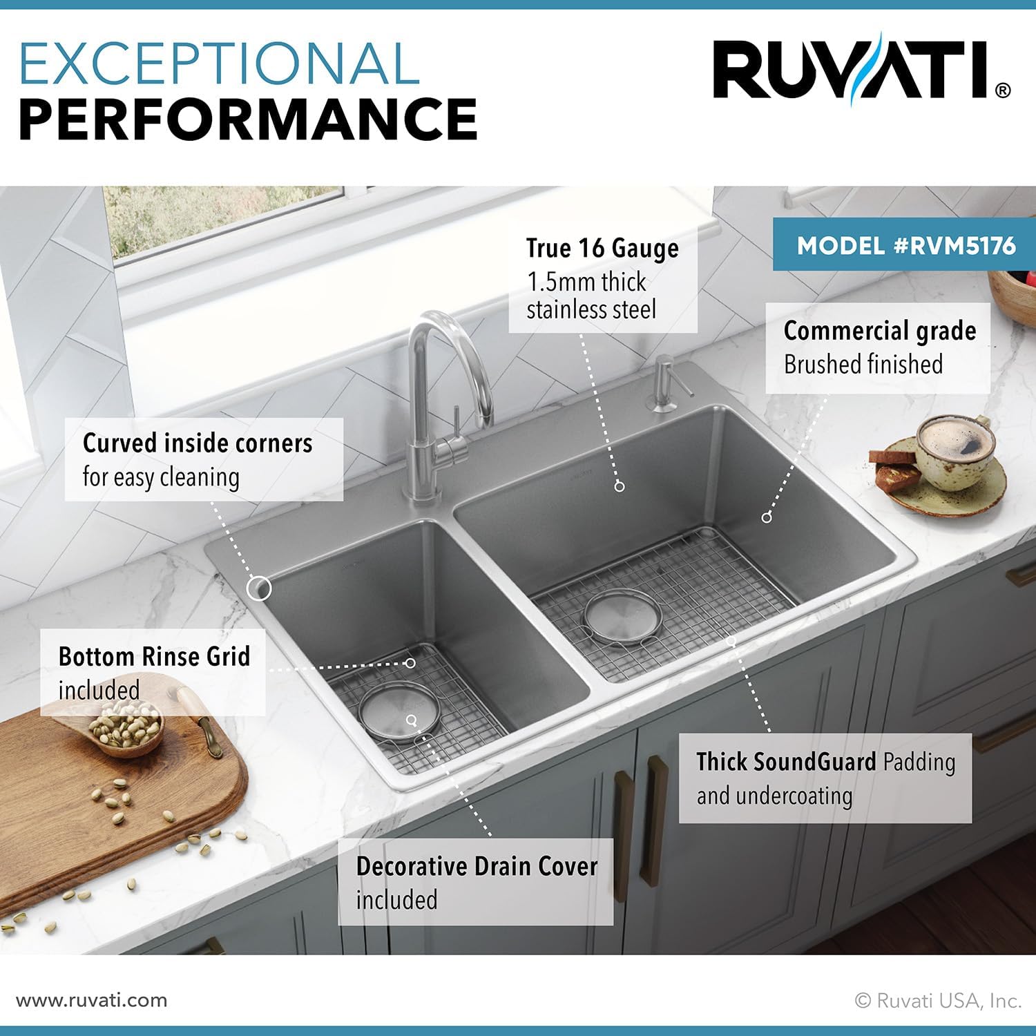 Ruvati 33 x 22 inch Drop-in Topmount Kitchen Sink - 16 Gauge Stainless Steel 30/70 Double Bowl Kitchen Sink with Brushed Finish hides scratches, Easy-to-Clean Drop-in kitchen Sink - RVM5176